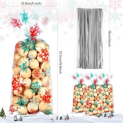 Miniatura 2 de Clabby 100 piezas de bolsas de celofán para regalos de Navidad, bolsas de plástico para dulces con copos de nieve en rojo y verde, con lazos para