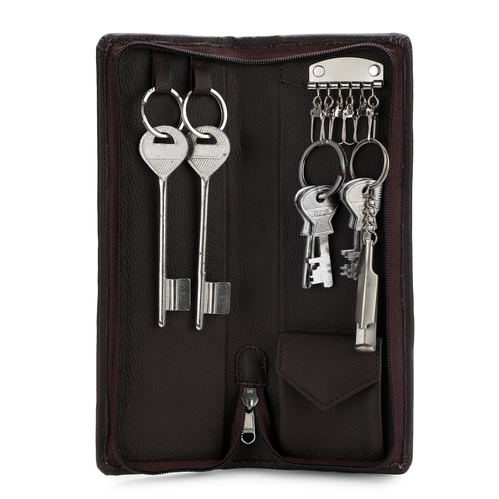azyeea Leather Key Holder Case with Multiple Key Hooks, Black, Travel Organiser with Zipper Pockets-picture-25