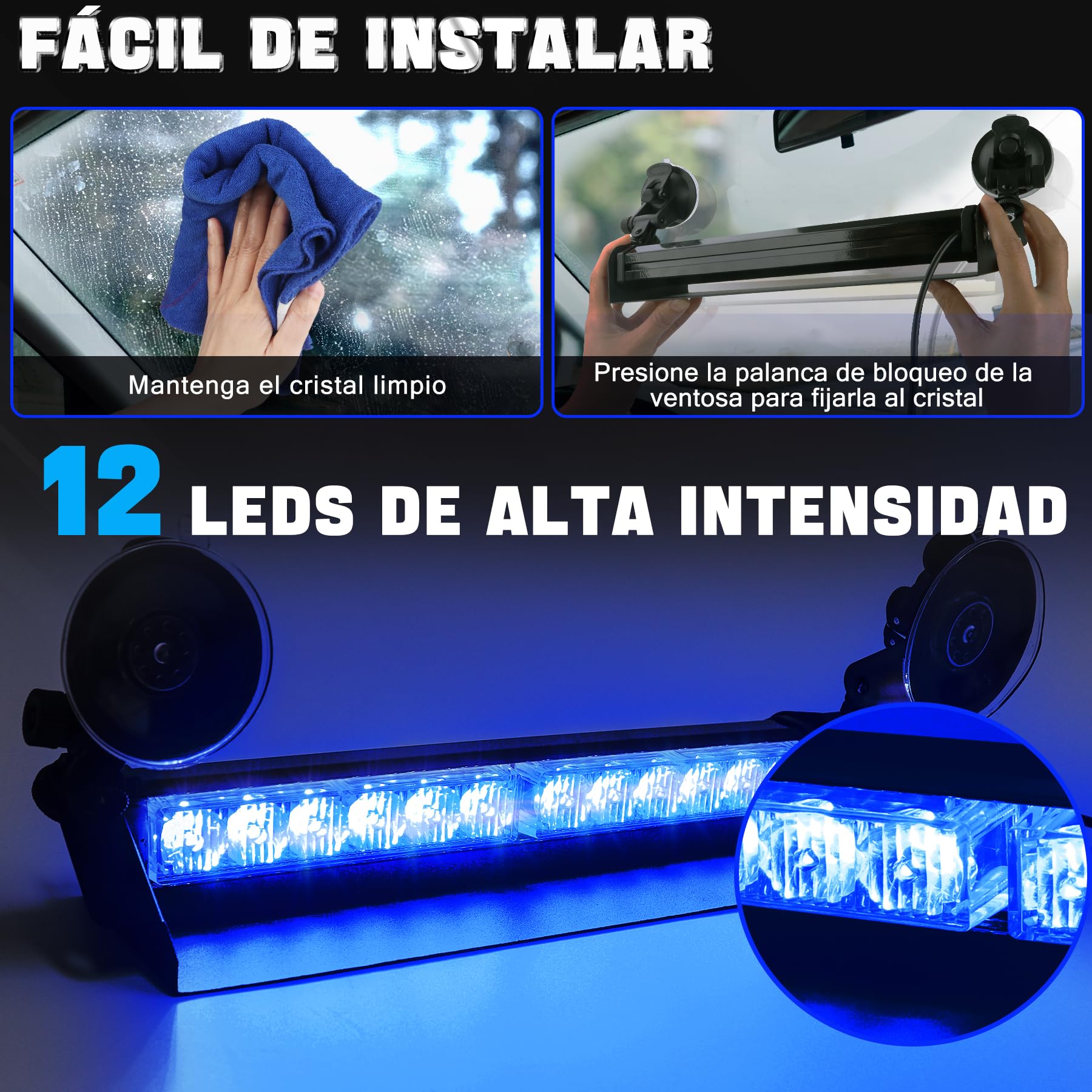 Barra LED Estroboscópica 15 Pulgadas Azul, 12 LED, 12-24V, 9 Modos, Base con Ventosa, Luz de Emergencia para Coche, Camión, Furgoneta y Vehículos de Asistencia