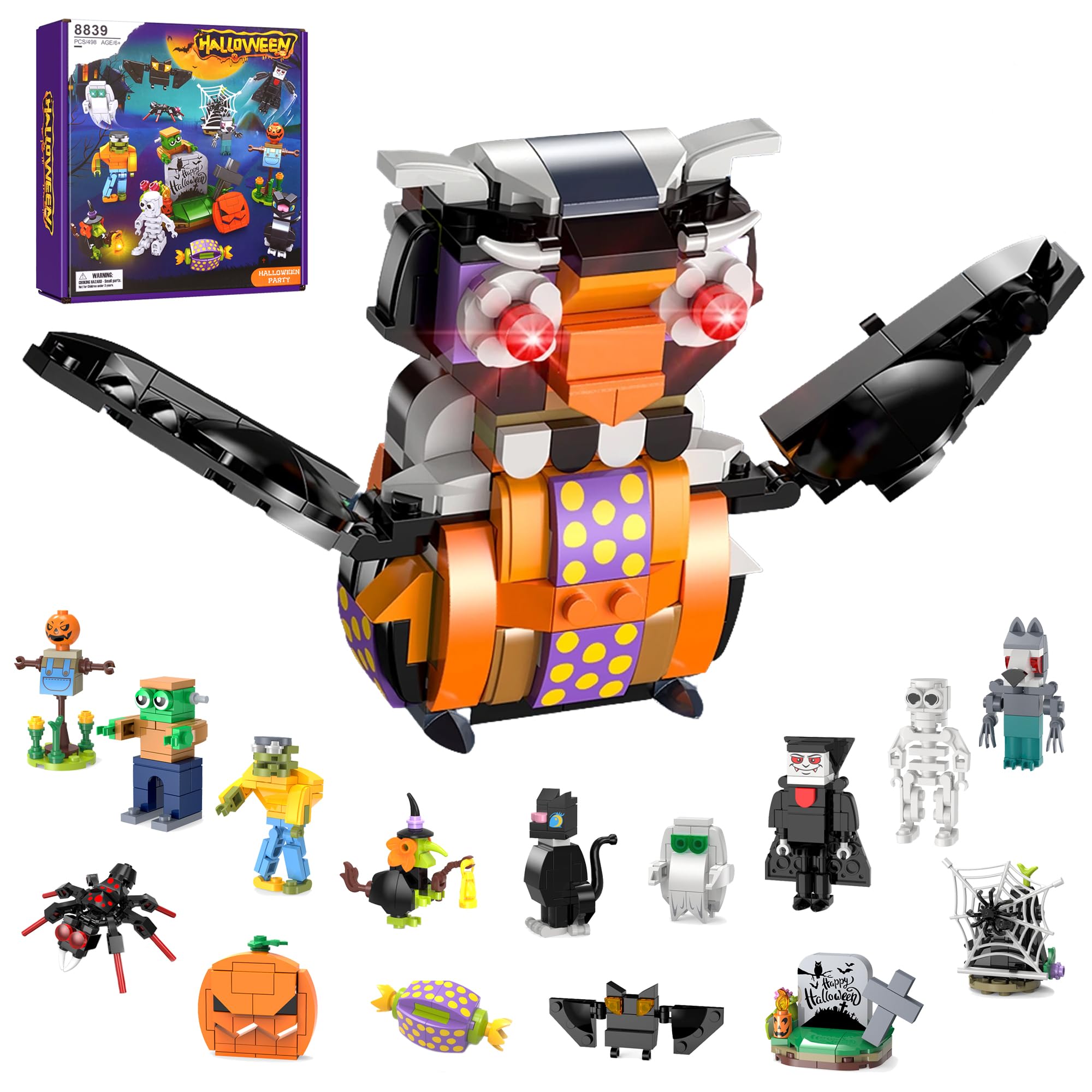 Halloween Building Block Set, 498Pcs Halloween Pumpkin Owl Demon Zombie Vampire Grim Reaper Building Toys, Party Favors Goodie Bags Stuffers Birthday Gifts for Kids Boys Girls Ages 6+