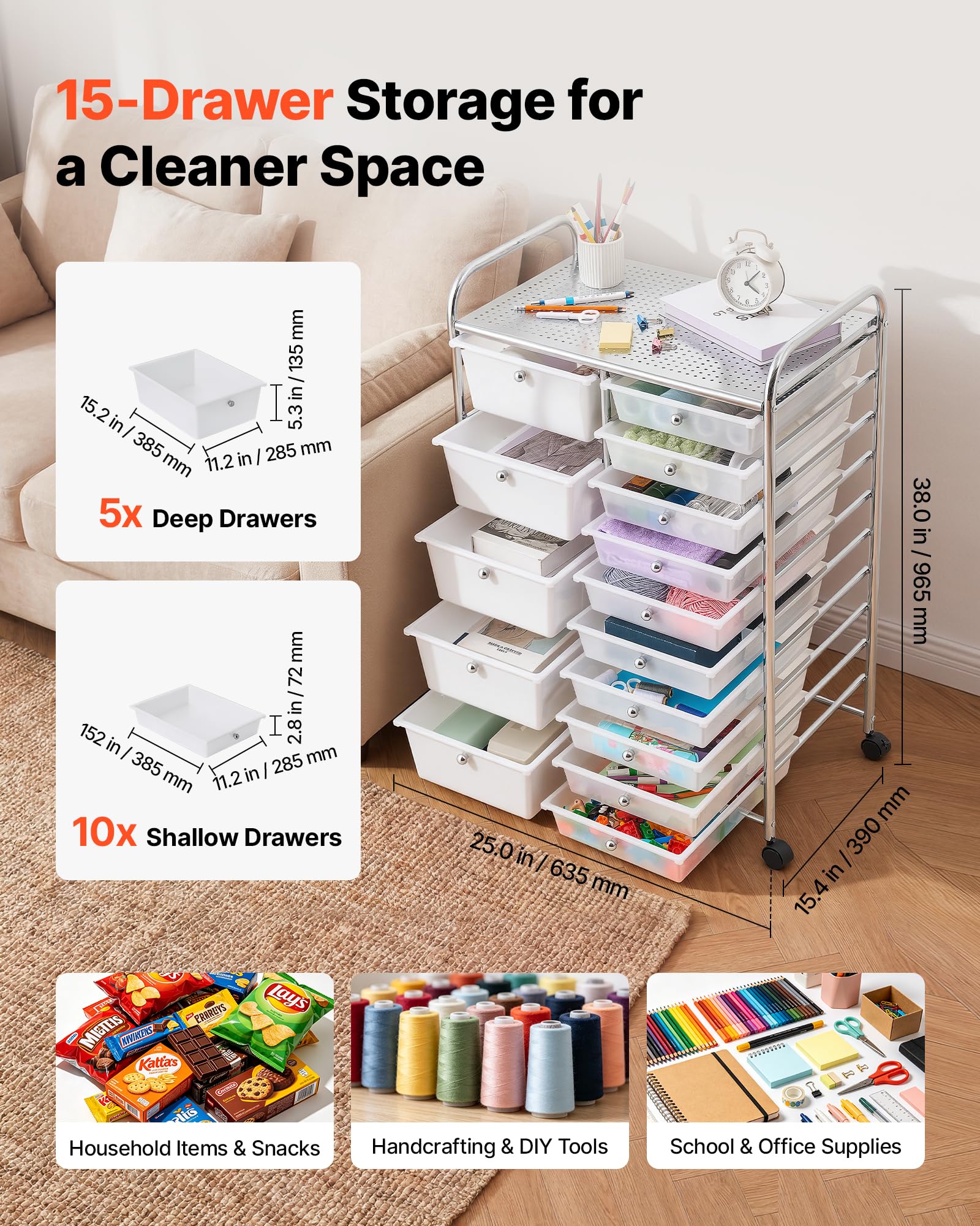 VEVOR Carrello Multiuso con Cassetti Organizer a Doppia Fila con 15Cassetti, Carrello Portaoggetti, Telaio in Acciaio Cromato, Ruote Girevoli a 360° con 2 Freni, Ideale per Ufficio, Garage e Studio