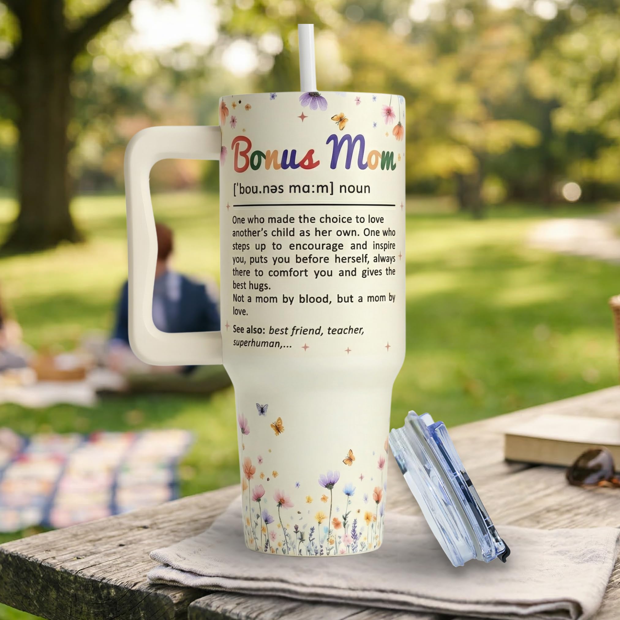 Bonus Mom Gifts 40 Oz Tumbler with Handle and Straw, Bonus Mom Gift with Funny Nutrition Facts Design, Gifts for Step Moms, Birthday Gifts for Bonus Moms from Daughter, Son or Family