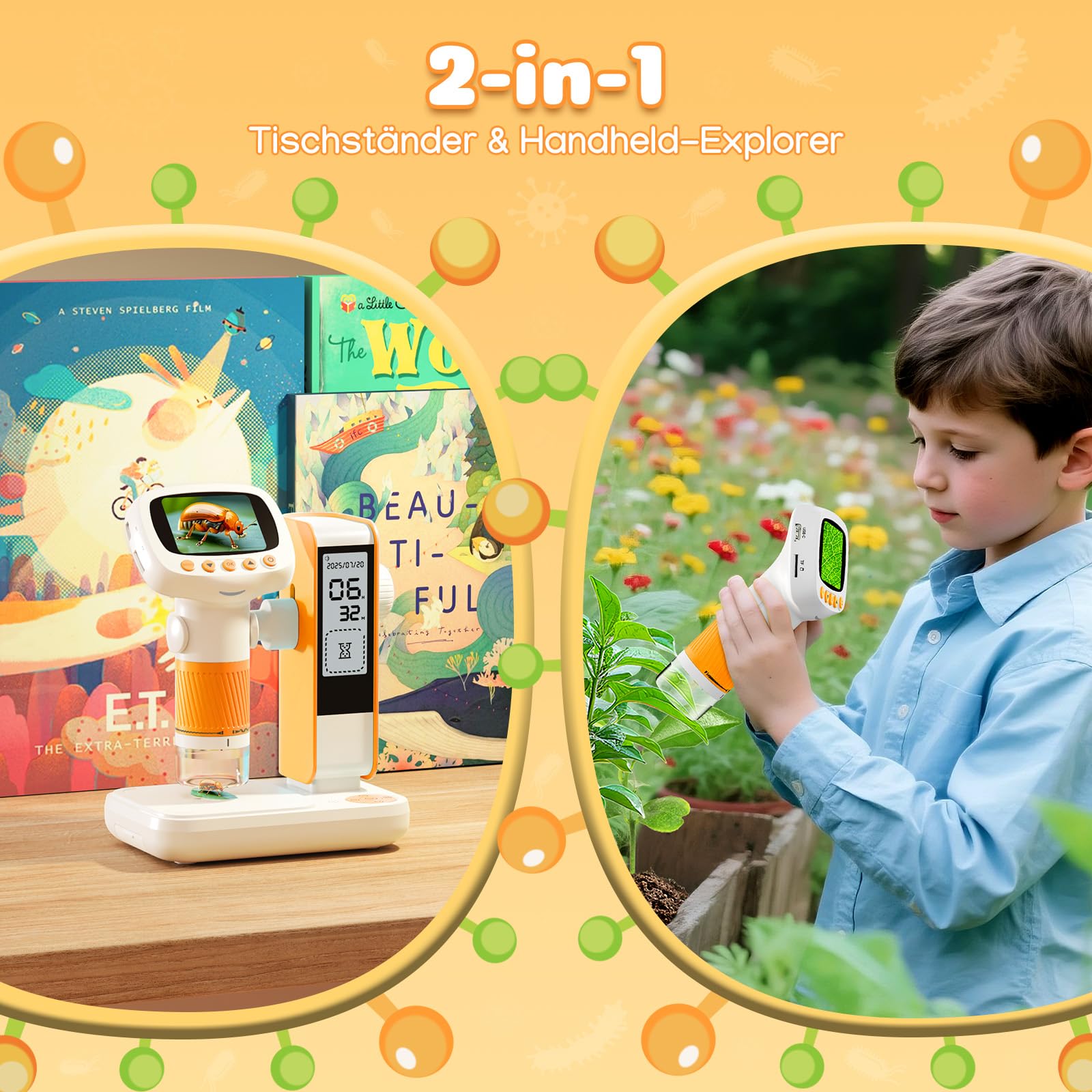 Leipan Microscopio digitale per bambini 2 in 1 con supporto per timer, ingrandimento 1000x, palmare/desktop, schermo IPS da 2", connessione USB PC, 12 vetrine, 8 LED, per laboratorio educativo, età 4