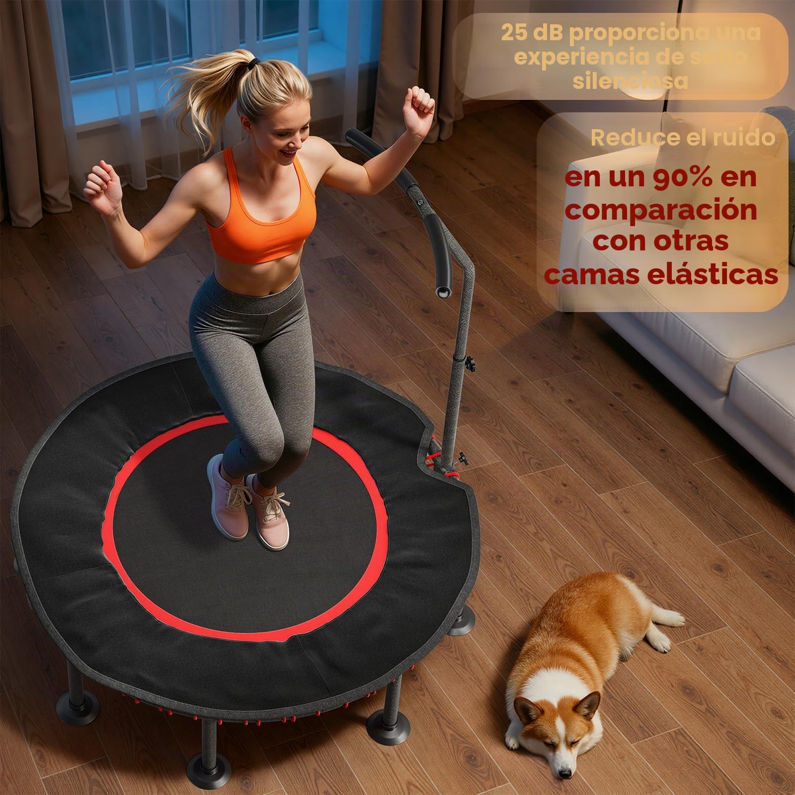 LIFERUN Trampolín de Fitness para Interior | Cubierta Protectora Acolchada | hasta 150 kg de Capacidad Carga | 3 Alturas Asa Ajustables | Sin Instalación | Niños Adultos | Ø102 cm/Ø122 cm | Hogar
