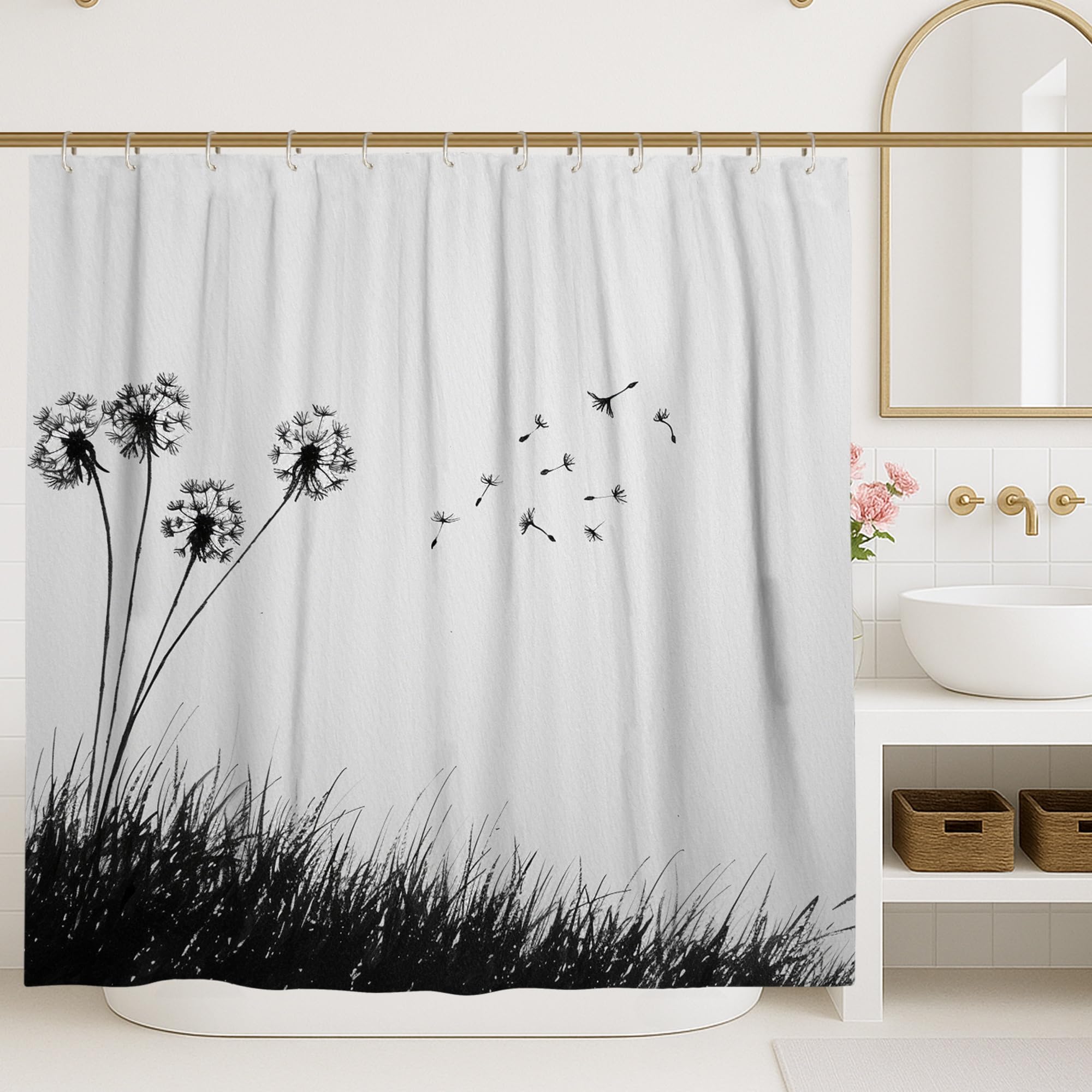 Black White Floral Shower Curtain, Dandelion Grass Bathroom Decor, Spring Summer Modern Minimalistic Waterproof Fabric Shower Curtain with Hooks 72x78 Inch