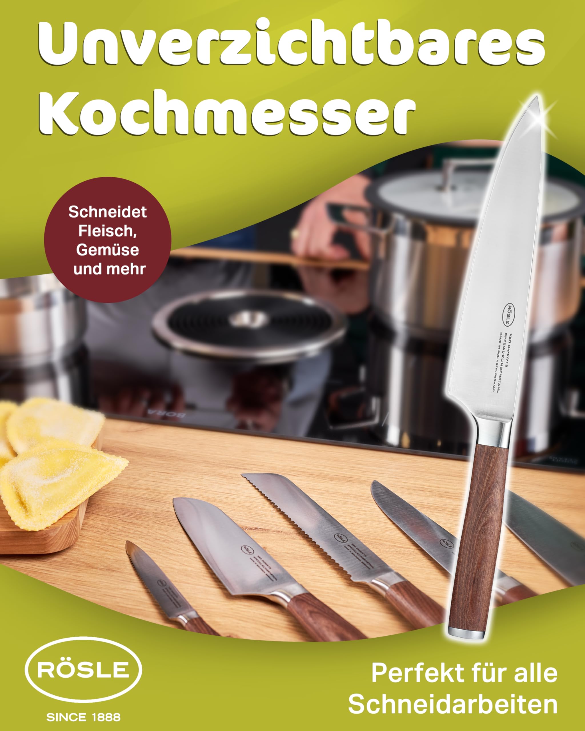 RÖSLE Kochmesser Masterclass 20 cm - Hochwertiges Küchenmesser zum Schneiden von Fleisch, Fisch, Geflügel und Gemüse, ein scharfes Schneidemesser mit ergonomischem Griff aus Walnussholz | Klinge aus X50CrMOV15 Stahl, Made in Solingen, scharf für Fleisch,