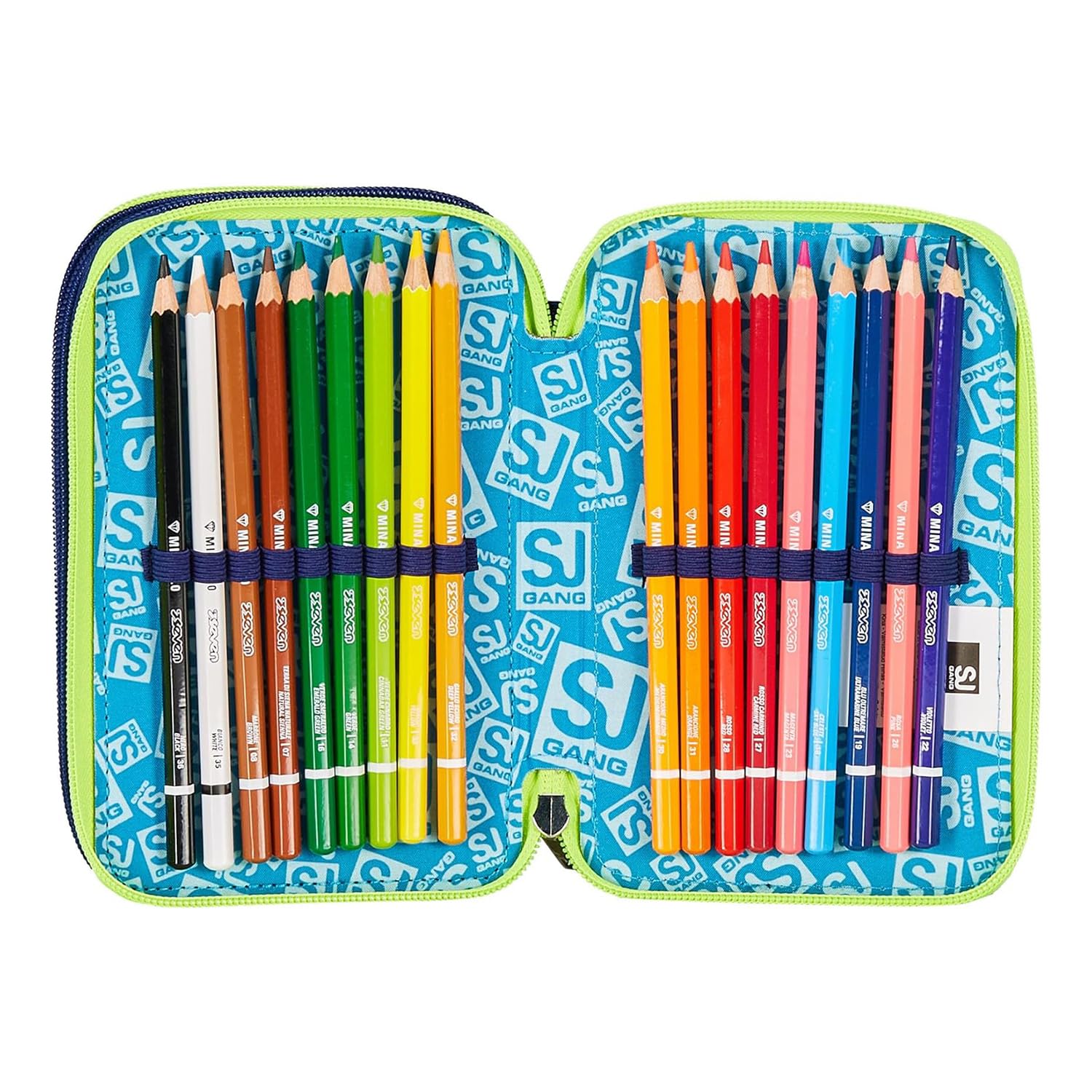 SJ GANG STYLE JAM GANG Astuccio Scuola 3 Zip, Blu, SharkStory, Portapenne Triplo Scomparto Completo Di Penne, Matite, Colori, Accessori Zaino, Elementari, Medie, Bambino