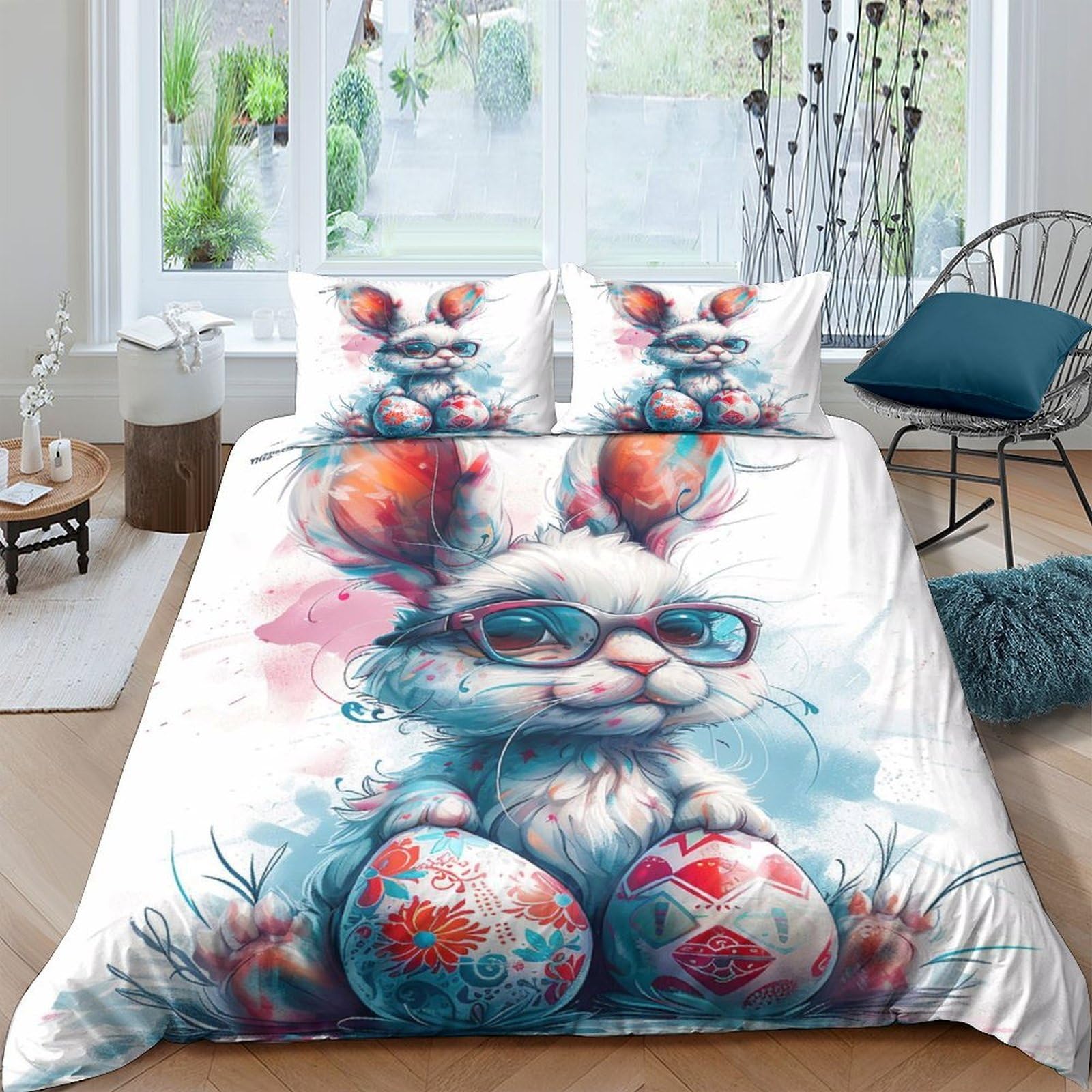 Ctjqhvkz Style-2 3D Printed Cute Bunny Fitted Sheet Microfiber Soft Easter Egg Bed Cover For Bedroom Guest Room Dorm Decoration Single（135X200cm）