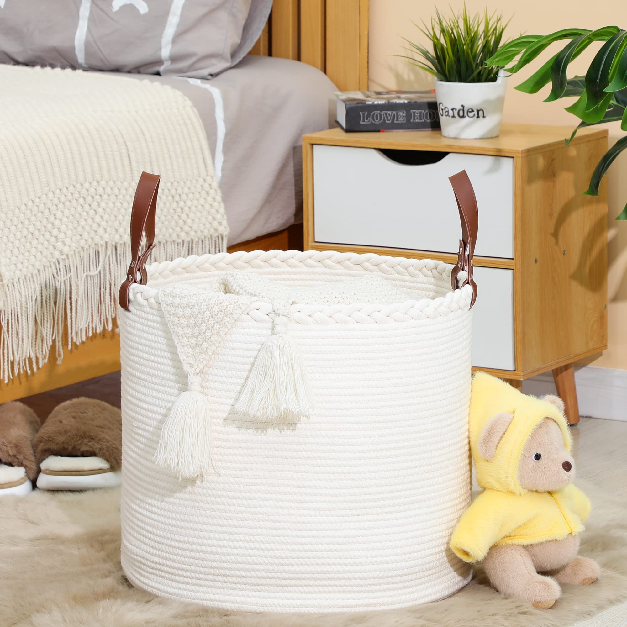 KAKAMAY Large Cotton Rope Blanket Basket - White -4