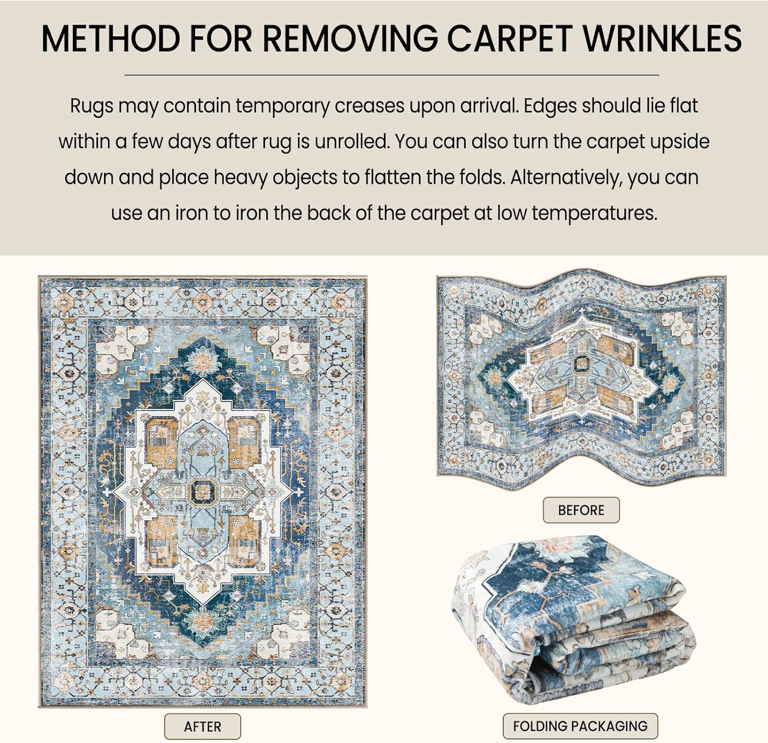 Washable 8x10 Area Rugs, Rugs for Living Room, Low-Pile Water&Stain Resistant Carpet Vintage Distressed Printed Non-Slip Carpet for Bedroom Bathroom Kitchen-Sky Blue