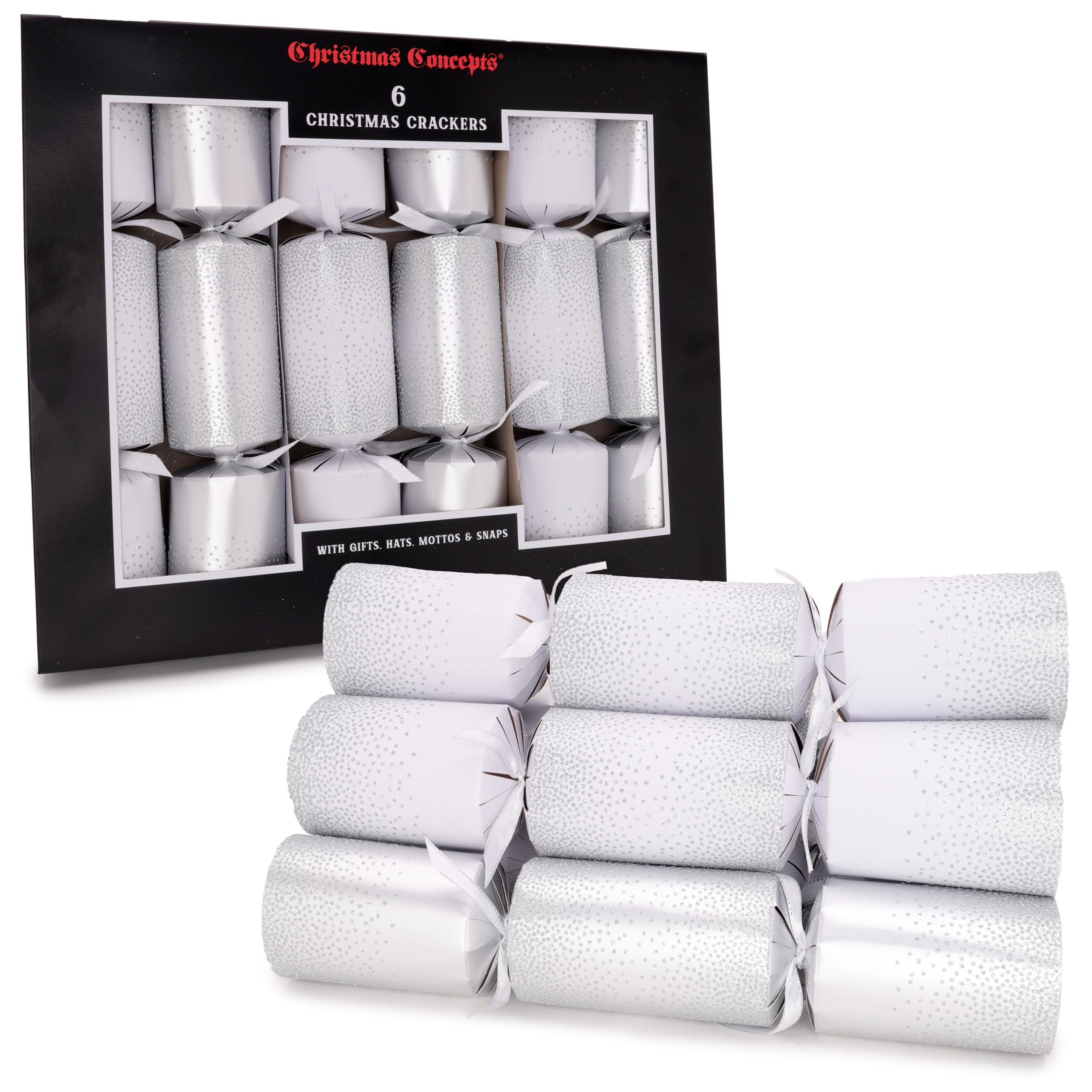 Christmas Concepts® 6 Large Luxury Glitter Decorated Christmas Crackers – Hats, Mottos, Snaps & Novelty Gift Included – 2 Designs Available (Silver & White)