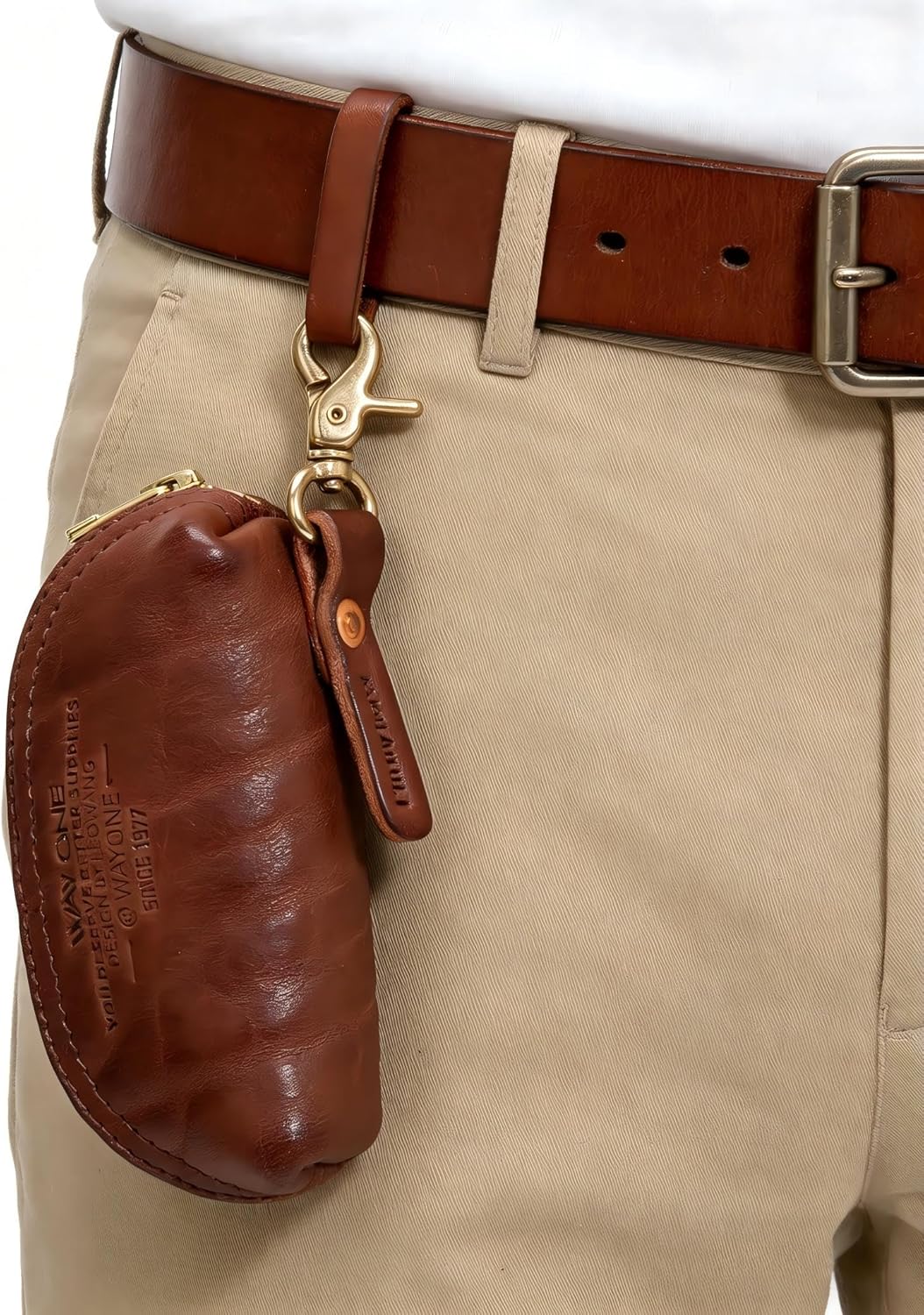 WAY ONE Leather Zipper Coin Pouch, Keychain Coin Purse, Key Case, Change Holder Organizer for Men & Women (Coffee)