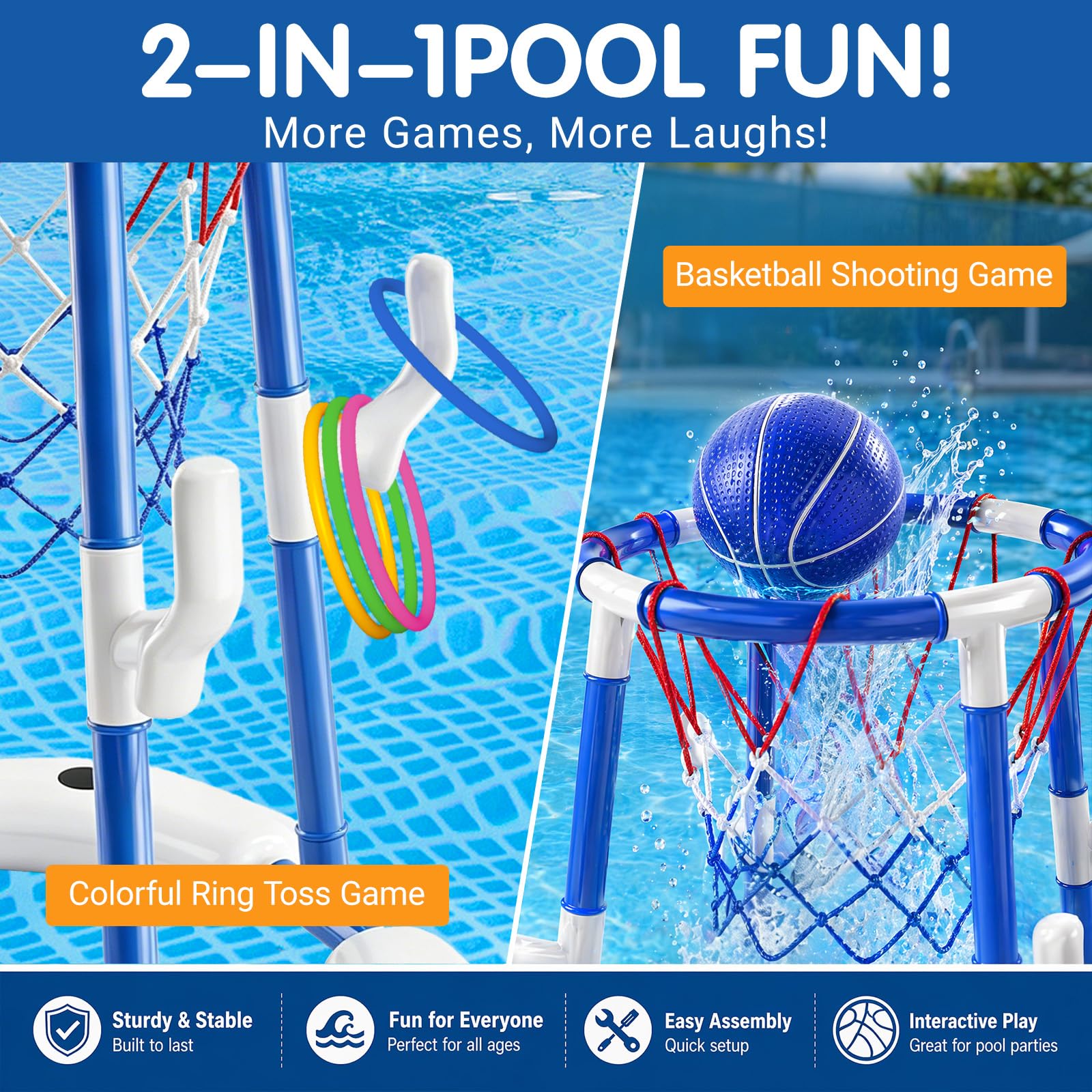 Pool Basketballkorb für Kinder, 2-in-1 Schwimmendes & Oberirdisches Wasserspiel mit 4 Bällen, 12 Ringen & Pumpe, Blau