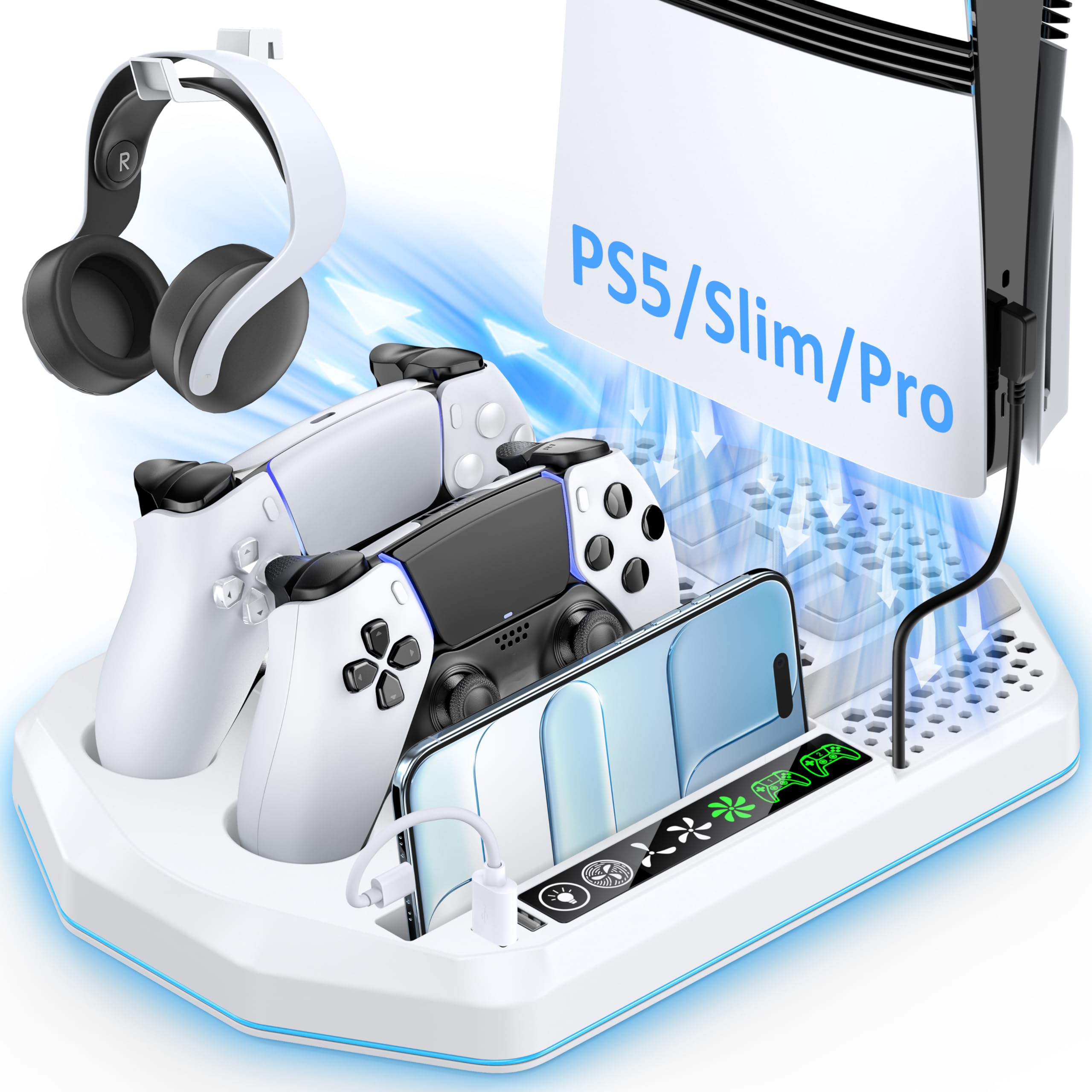 Cooling Station with Controller Charger for PS5 Slim Pro PlayStation 5 Vertical Stand for Disc Digital Console Dual