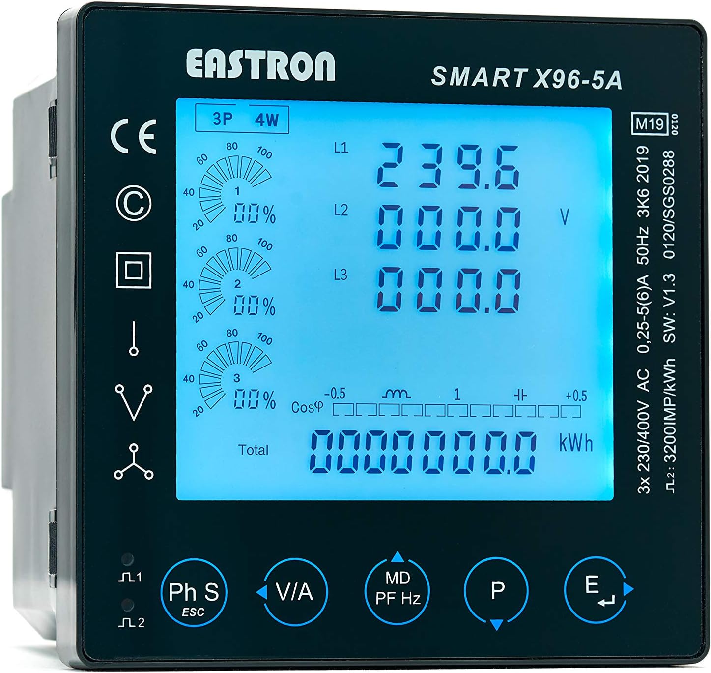 SMART X96-5A Single/Three Phase, 96MM x 96MM Electric Energy Panel Meter, 1/5A CT Operated Power Meter, Pulse Meter, Modbus RS485 RTU. Digital Backlit LCD Touch Display. MID Certified/Calibrated