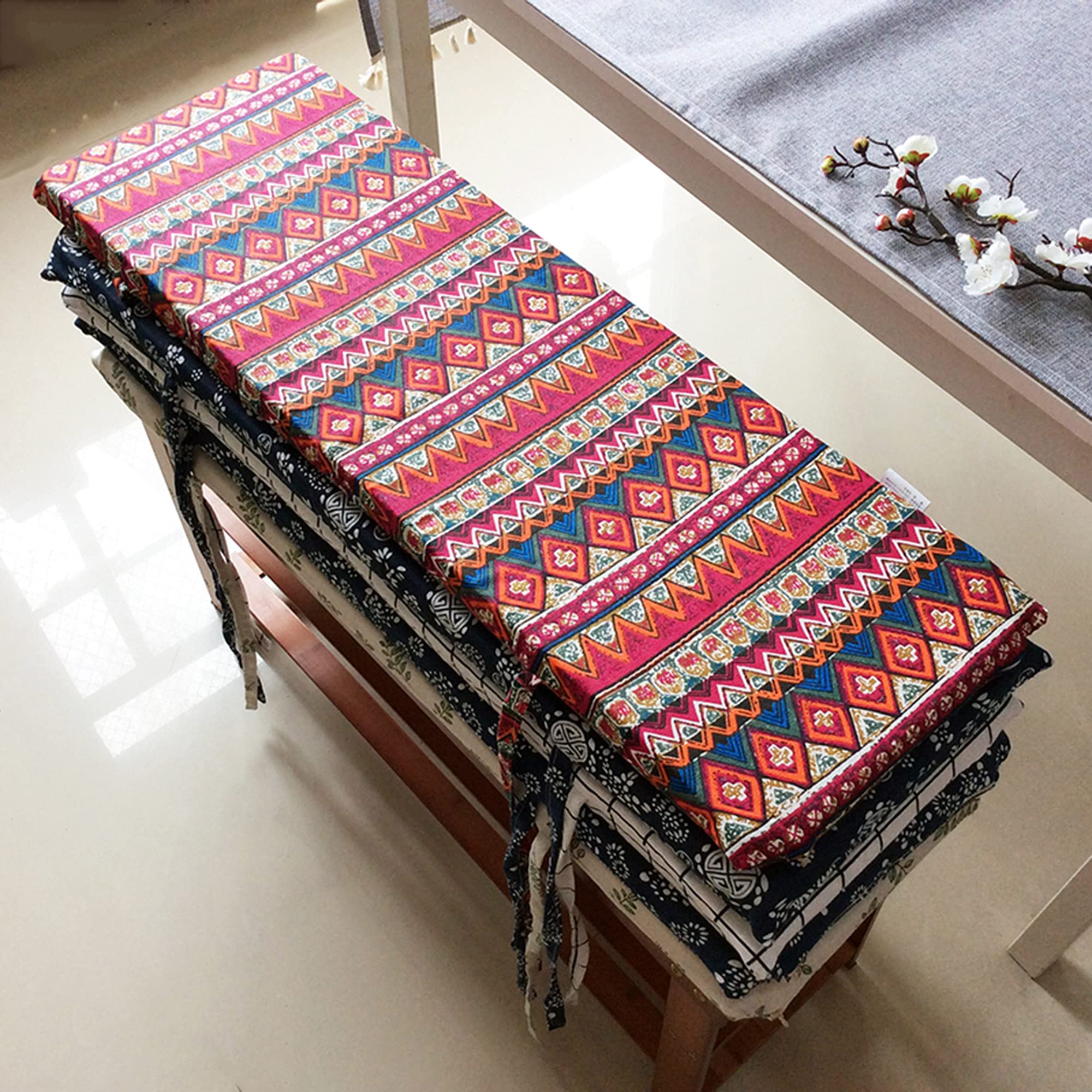 Miękka nakładka na ławkę ogrodową z wiązaniami o grubości 4 cm – 150 x 30 cm, wymienna podkładka do siedzenia dla 2-3-osobowej, do użytku wewnątrz i na zewnątrz, wzór D, 150 x 30 cm