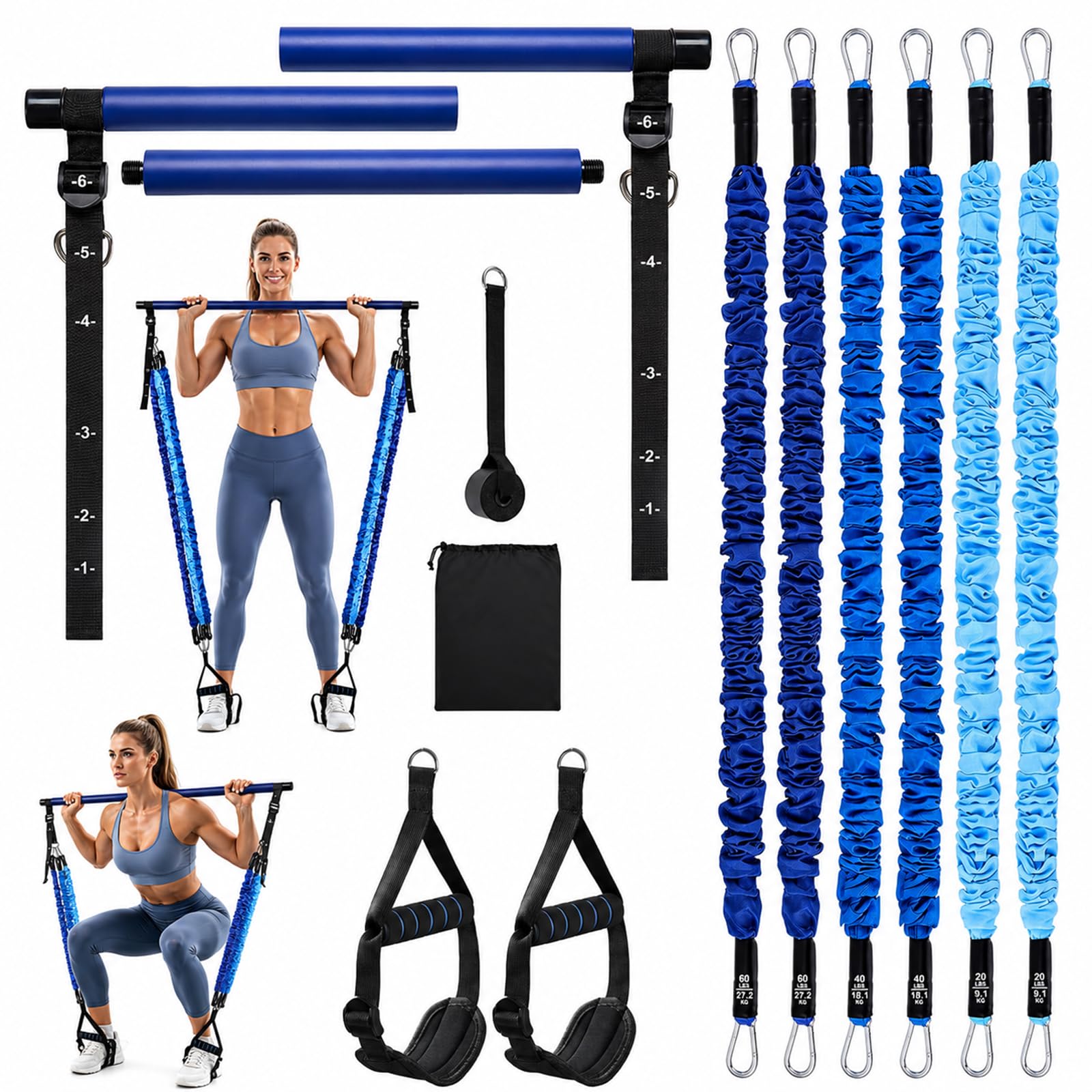 Pilates Bar Kit with 6 Resistance Bands, Detachable Yoga Fitness Stick Set
