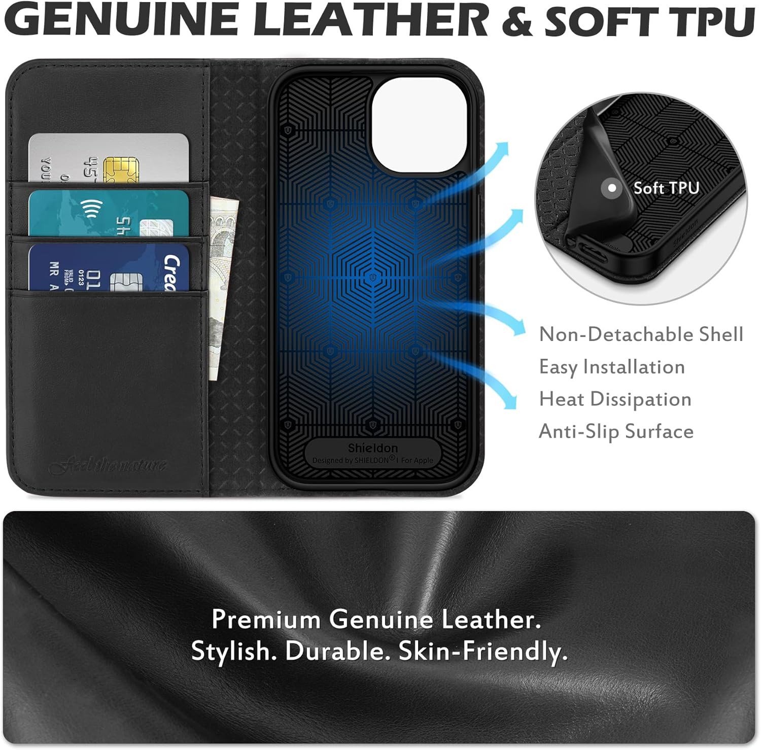 SHIELDON Case for iPhone 15 6.1" 2023, Genuine Leather Flip Wallet Case with [Kickstand] [RFID Blocking Card Holder] [Magnetic] Shock-Absorbent Protection Cover Compatible with iPhone 15 5G - Black
