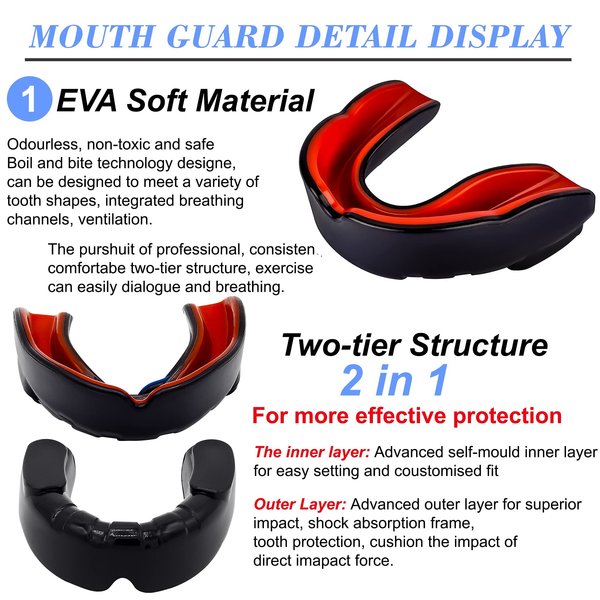 Protège-dents Sport 2 Pièces – Moulable, Noir/Rouge, Avec Boîte – Pour Rugby, Hockey, Boxe, Judo, Karaté – Adultes