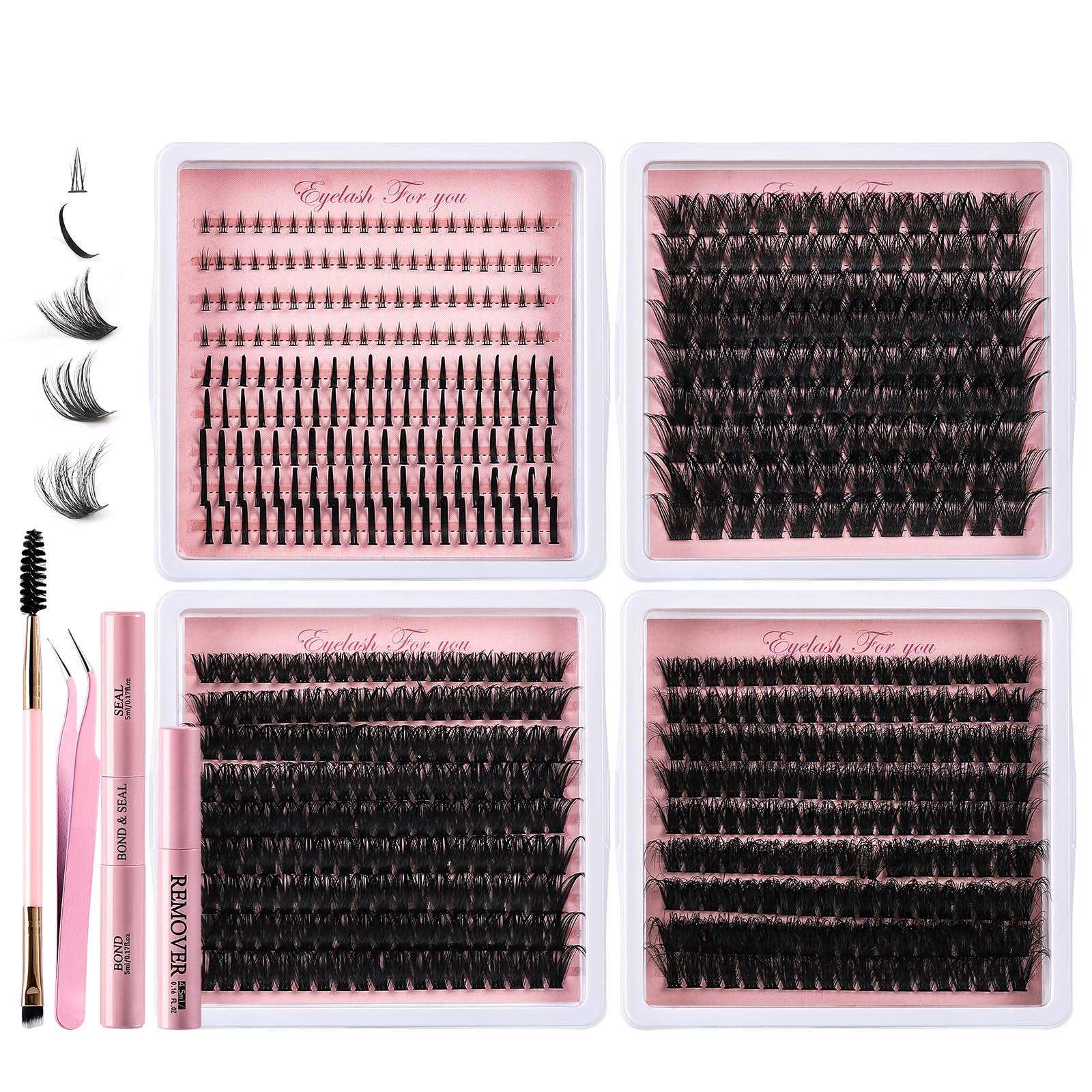 5 Styles Lash Clusters Kit, Mega/Volume/Full/Spike/Bottom Lashes Set, with Lash Bond&Seal, Remover, Tweezers & Tools, DIY Eyelash Extensions for Beginners & Pros, At-Home Salon Look