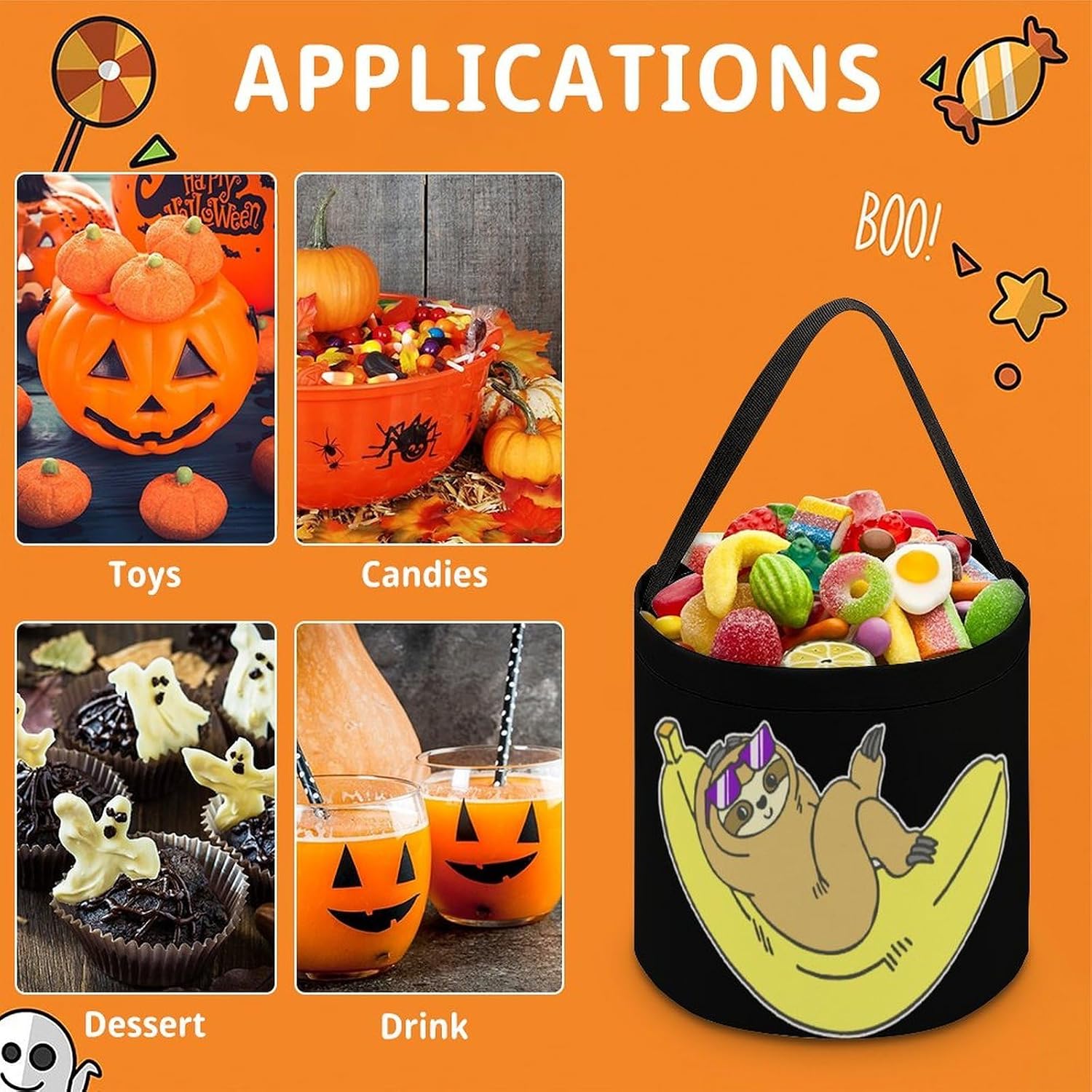 Funny Banana Sloth Halloween Candy Gift Bags Reusable Treat Baskets Tote Bag Holiday Party image 5