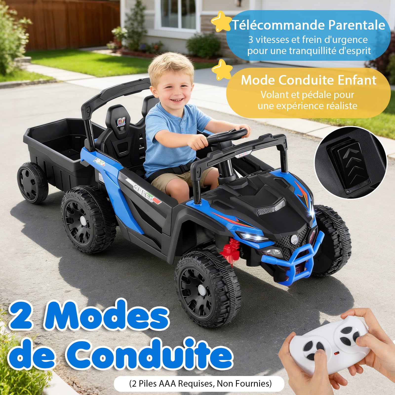 DREAMADE Tracteur Électrique Enfant 12V avec Remorque Détachable, Télécommande Parentale 3 Vitesses, Suspensions, Lumières LED & Musique, Voiture à Batterie pour Enfants 3+ Ans (Bleu)