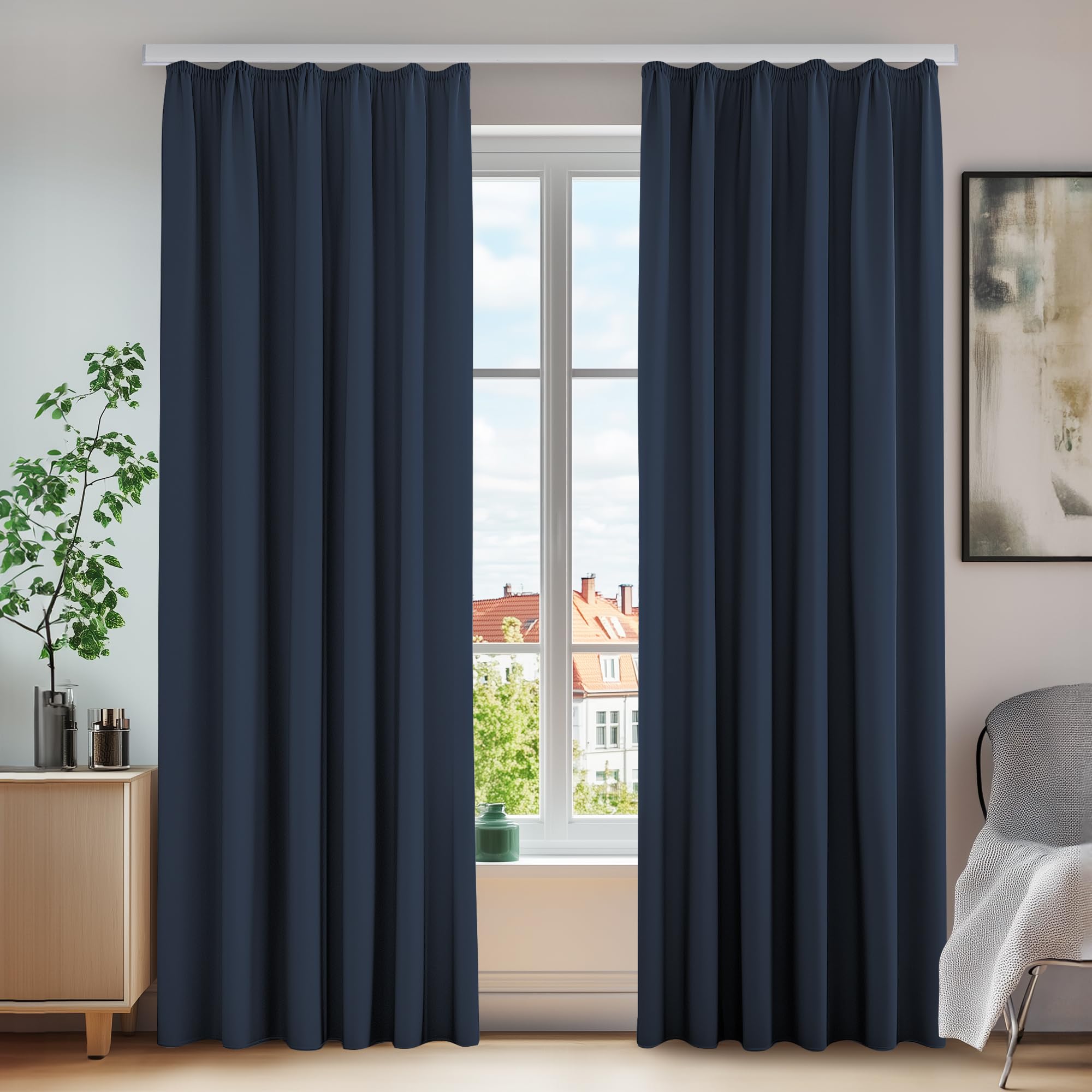 Deconovo Navy Blue Energy Saving Curtains Pencil Pleat Curtains Blackout Curtains For Living Room W55 X L87 One Pair