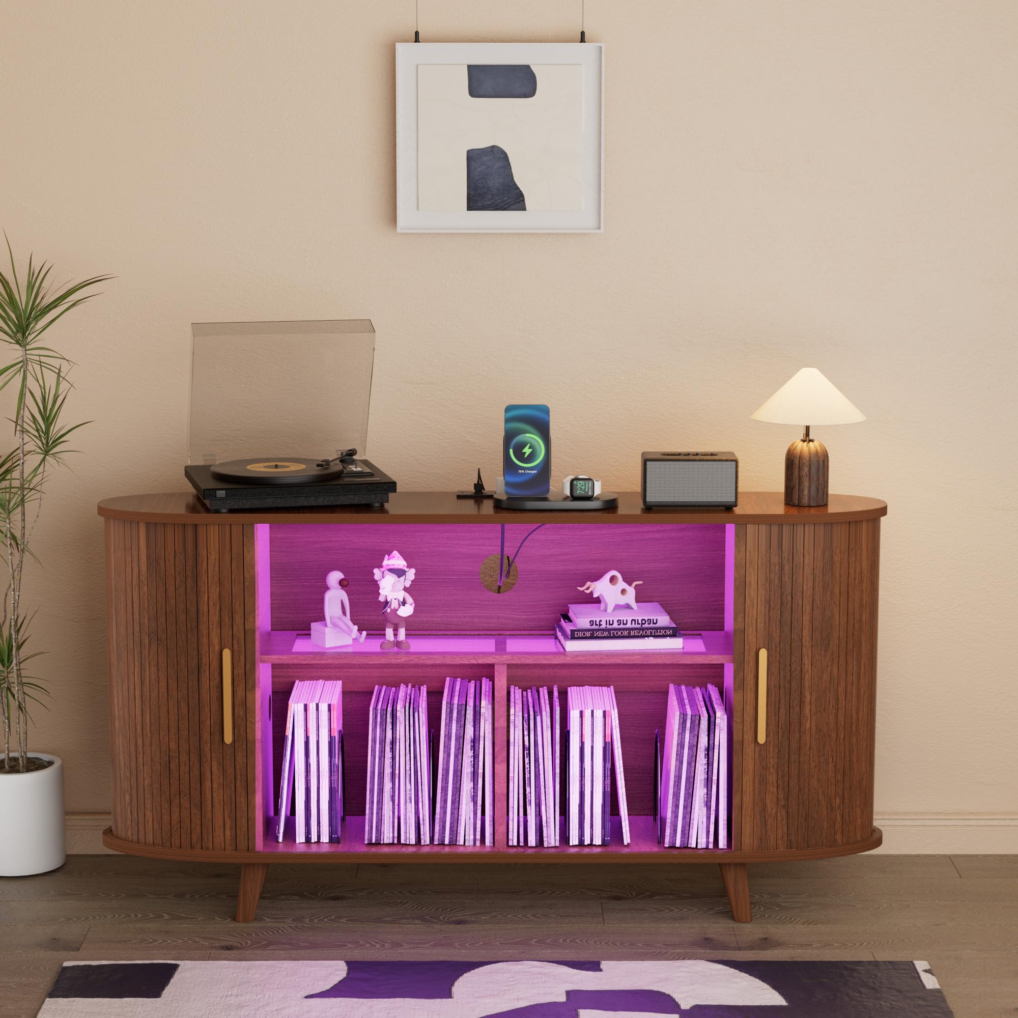 YKVIQBY Large Round Record Player Stand with Charging Station & USB Ports，Record Storage Cabinet for Bedroom (Walnut, 55in)