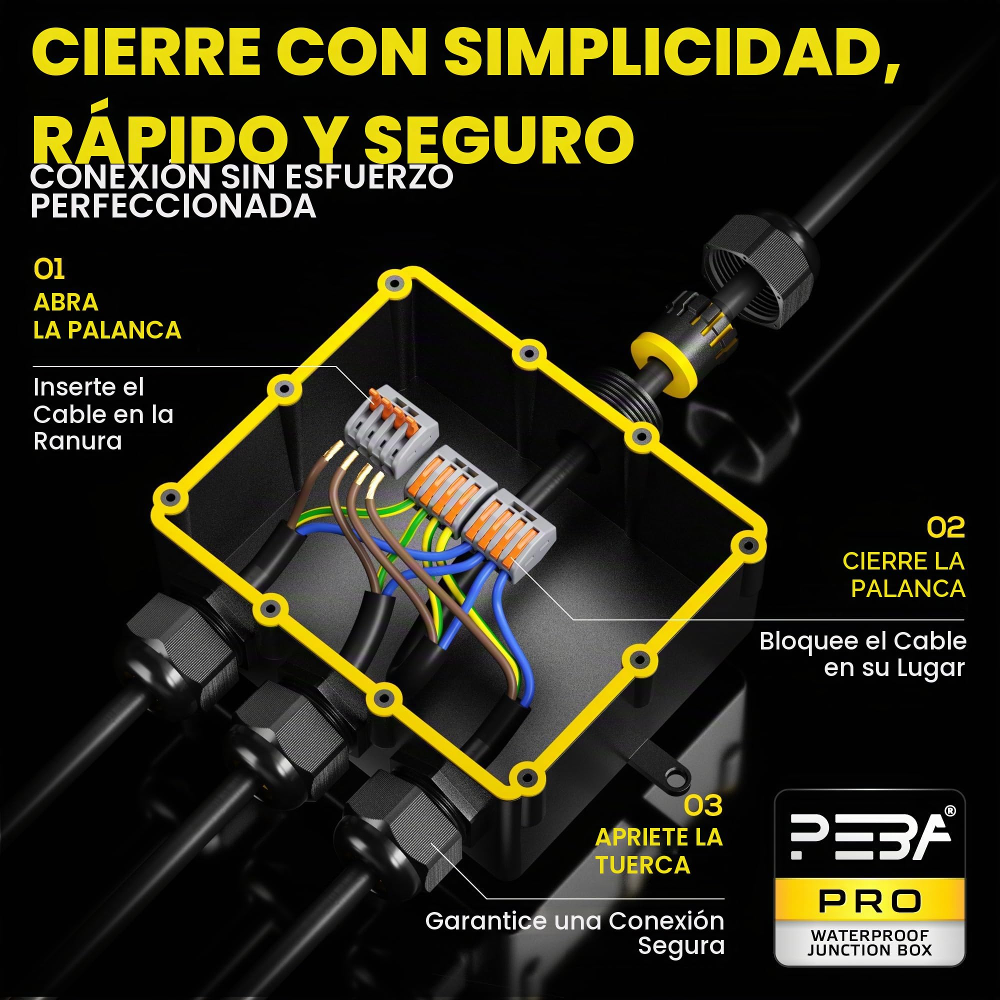 PEBA Cajas de Conexiones Impermeables IP68, Conector de cable estanco, Caja de conexiones de conector de cable Exterior Grande de 4 vías, Apto para cables 4-14 mm Caja Estanca, Negro