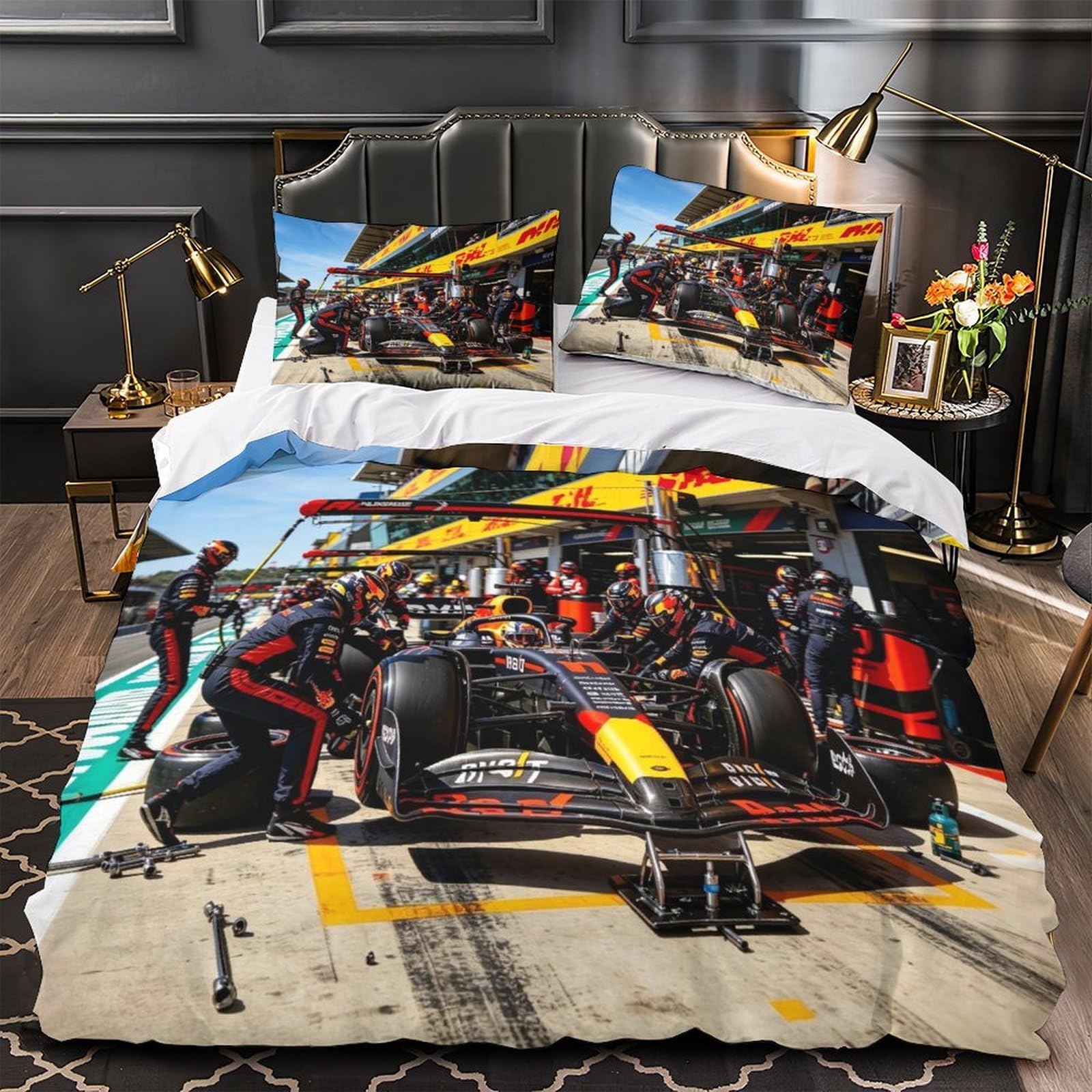 3U6C4M9K Formulaa Racing Bedding Set with Hidden Zipper, Pit Stop Duvet Cover Set with Pillowcases, Soft Microfiber Luxury Quilt Cover Set King（220x240cm）