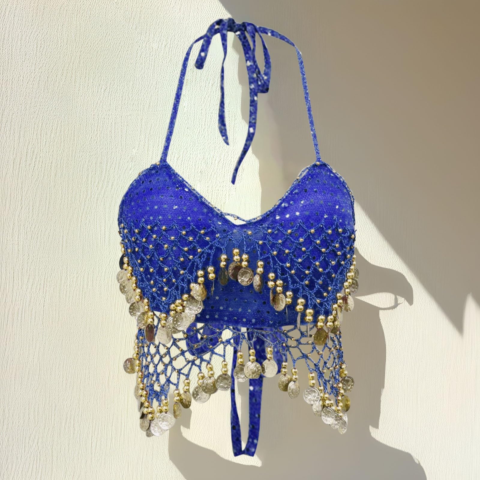 Tops de danza para mujer,Sujetador de traje de danza del vientre para mujer con cuentas de lentejuelas, top corto sin tirantes, traje de danza del vientre