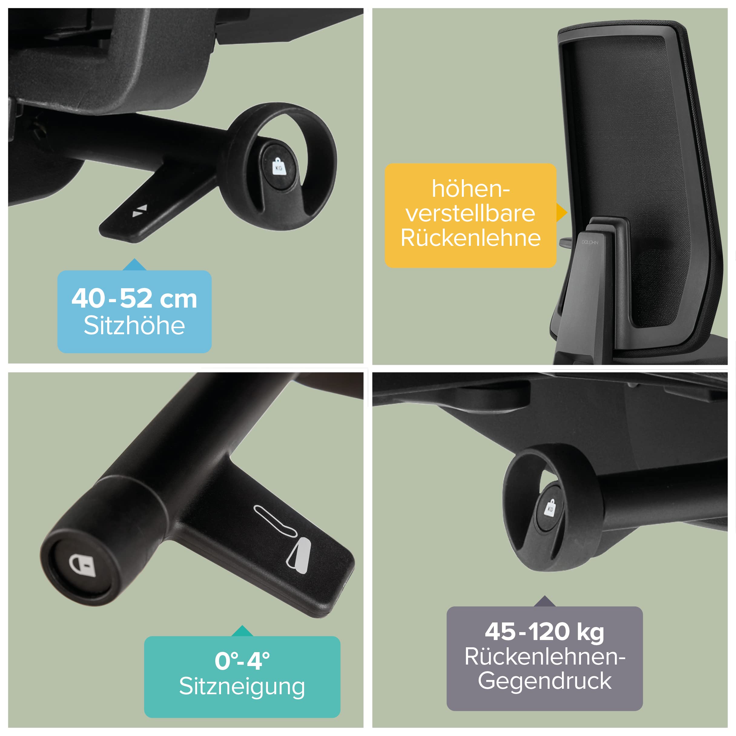 Dauphin Indeed, ergonomischer Bürostuhl für das Homeoffice, hohe höhenverstellbare Rückenlehne (61-68 cm), Sitztiefenverstellung (6 cm) (Netz-Rückenlehne)