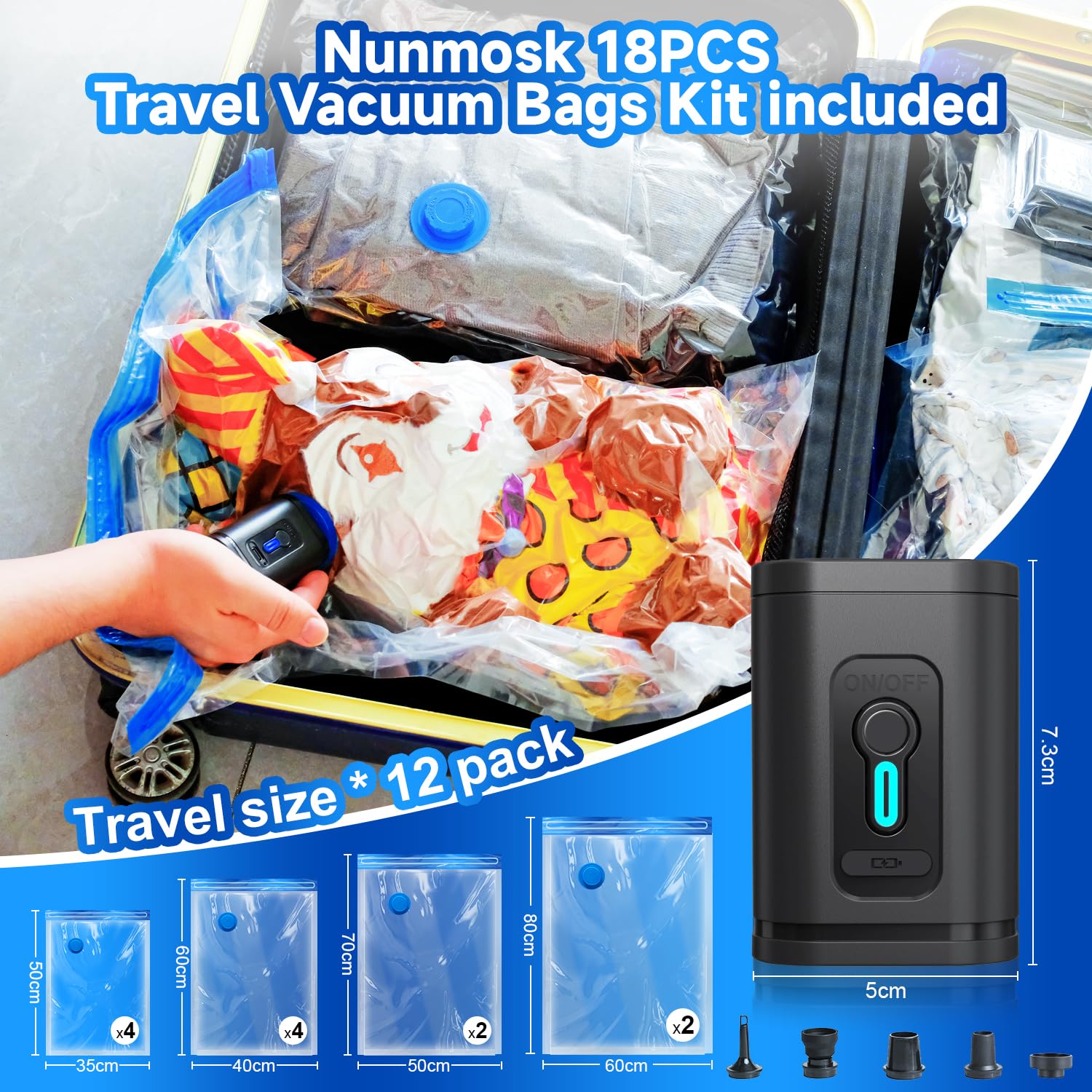 Nunemosk 12 Pack Vacuum Storage Bags with Wireless Electric Air Pump - Image 2