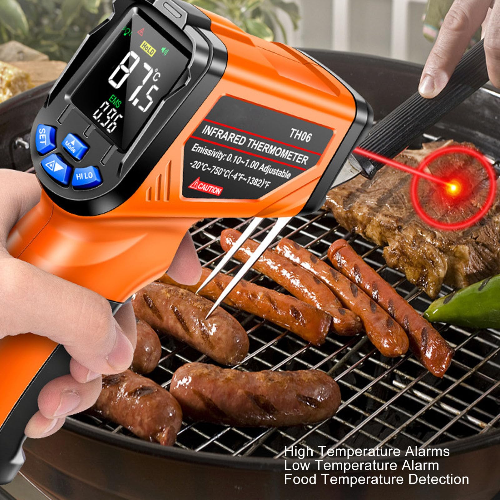 Pistola de temperatura digital HaloVerde Tiger con rango de -20 °C a 750 °C y emisividad ajustable, pistola de temperatura sin contacto con alarma de alta temperatura para uso
