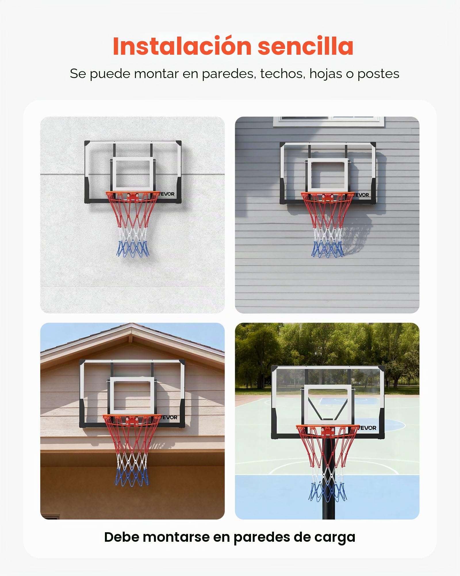 VEVOR Aro de Baloncesto, Montaje en Pared, con Tablero de Policarbonato de 1117,6 mm y 2 mm de Grosor, Red de Baloncesto de Nailon Tejido Reforzado, Ideal para Un Juego Profesional y Divertido