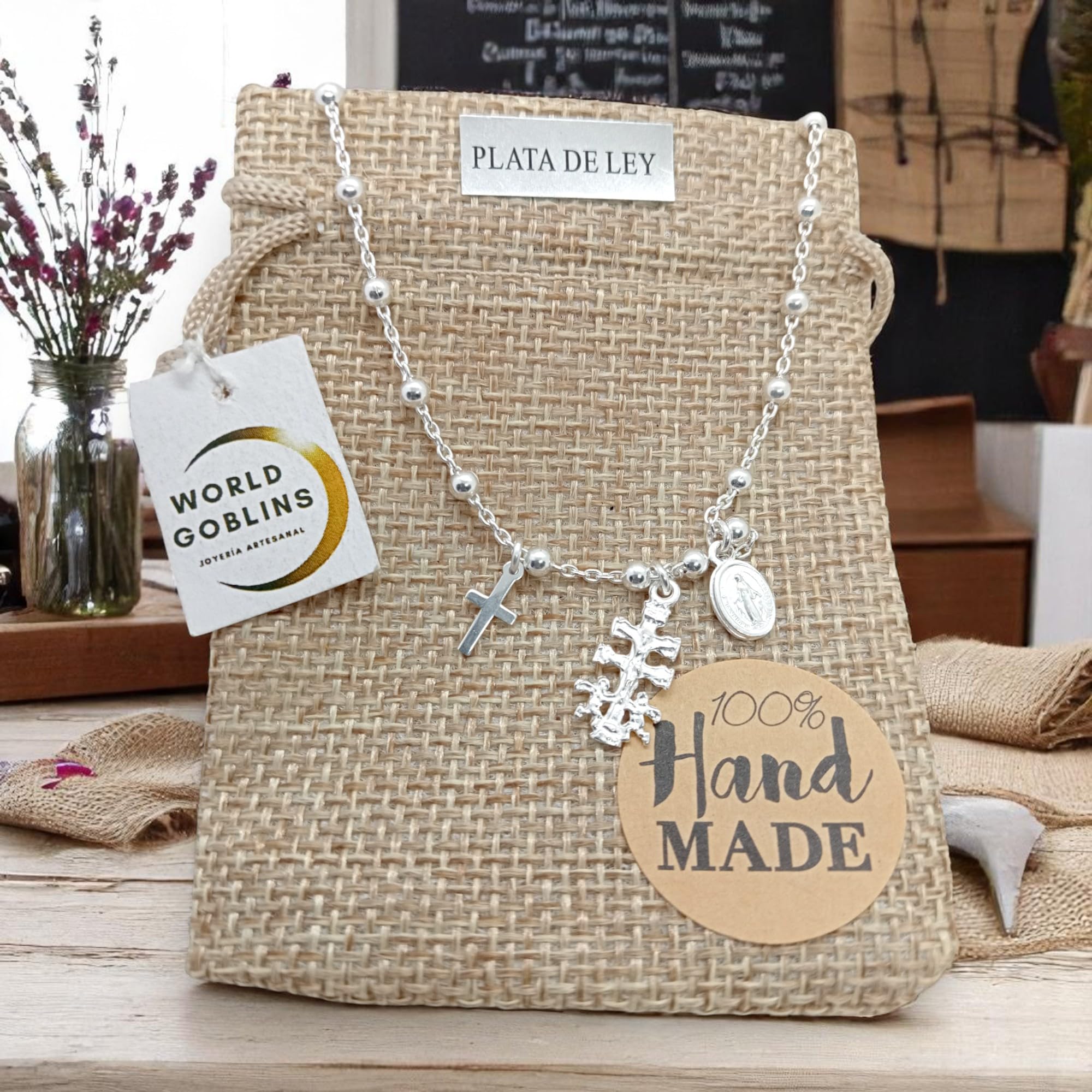 Gargantilla Plata 925 Triple Protección Mujer con Bola Intercalada – Cruz de Caravaca, Virgen Milagrosa y Cruz Clásica – Hecha a Mano en España