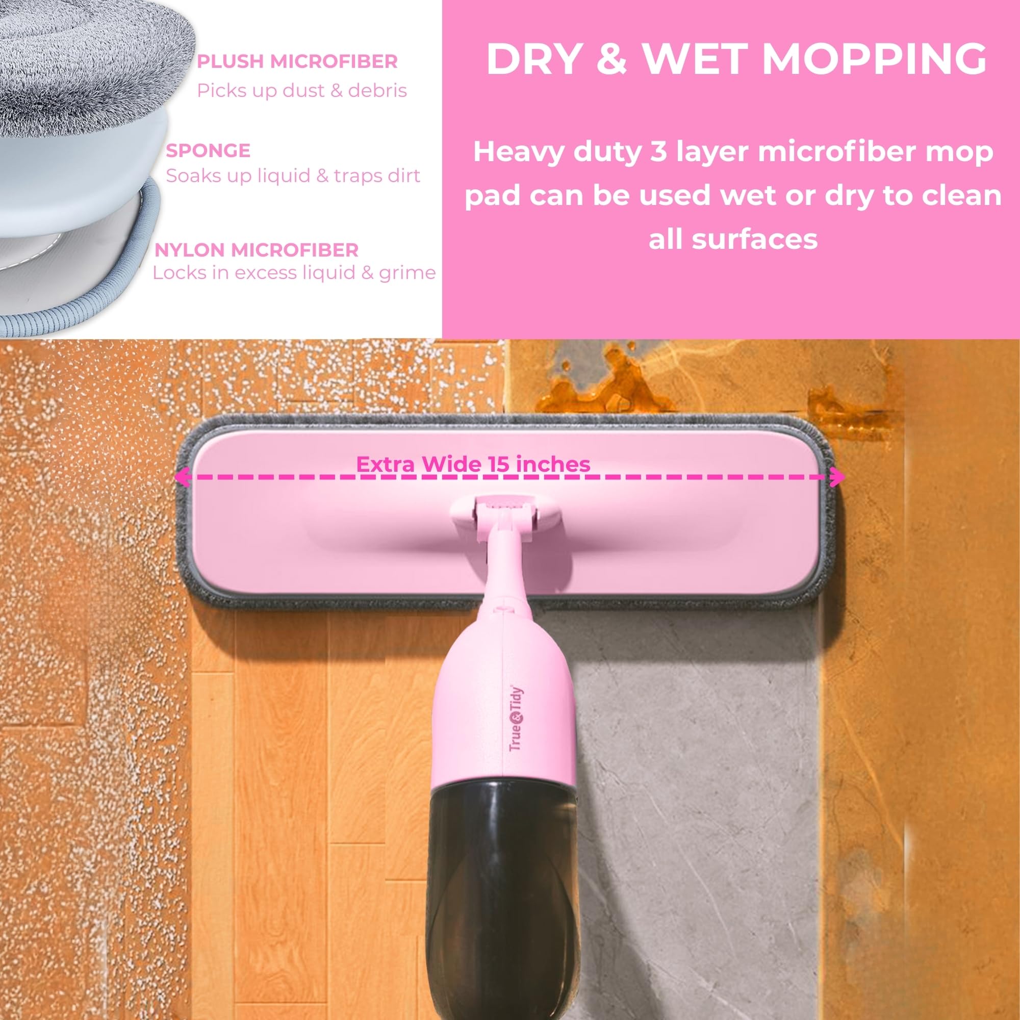 True & Tidy® Clean Everywhere Spray Mop Kit with Three Interchangeable Heads and Refillable Tank- Includes Flat Head, Round Mop, Window Squeegee (Pink)