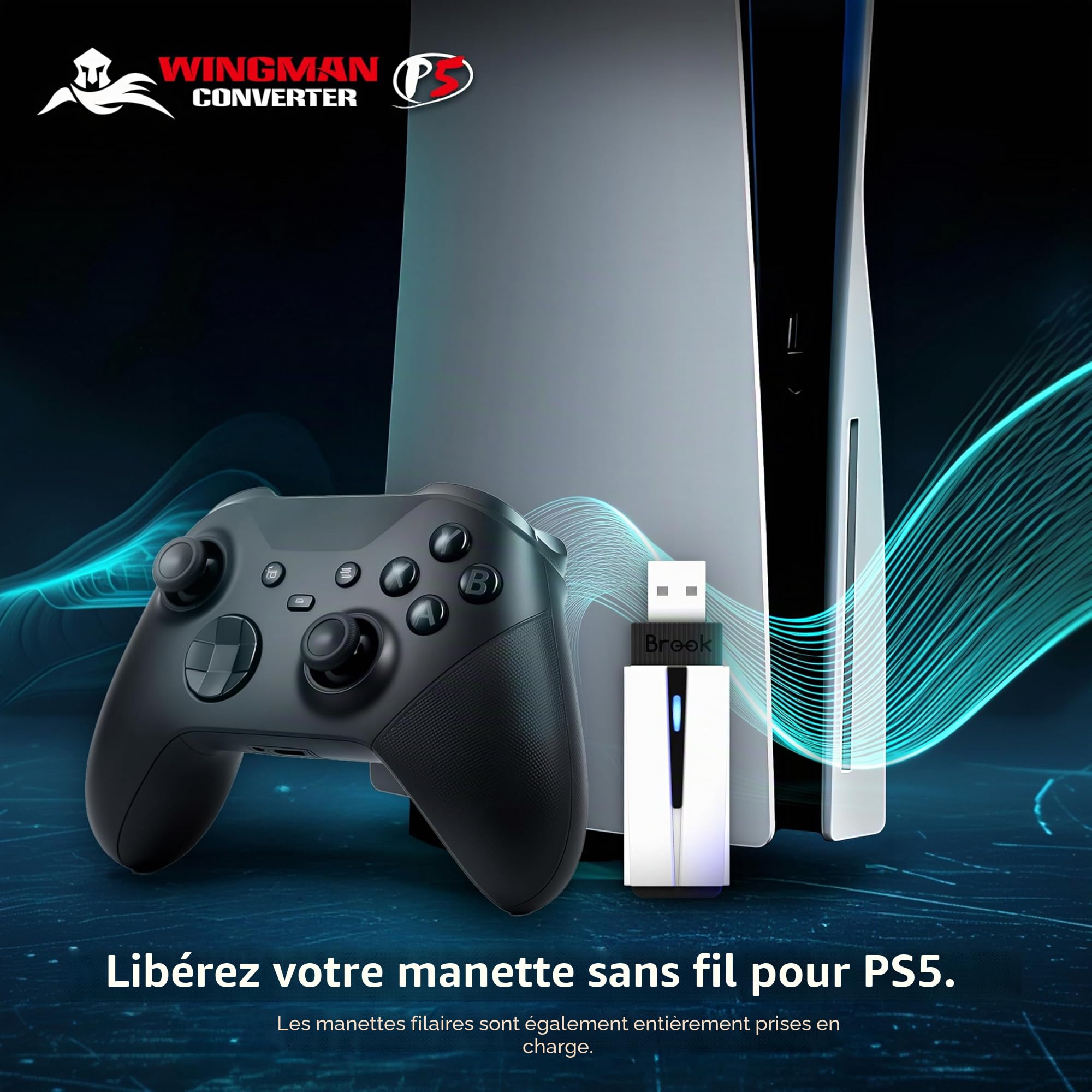 Brook Wingman P5 - Convertisseur de contrôleur PC P5 P4 avec support sans fil et filaire, vibration, mouvement six axes, turbo, macro, remap via le logiciel Converter Center (version exclusive)