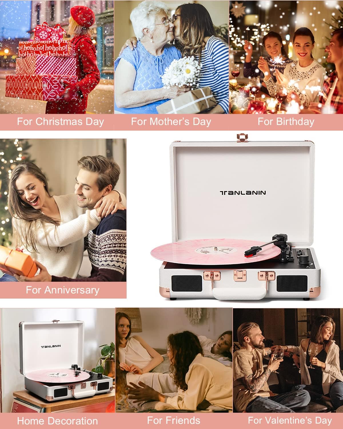 مشغل أسطوانات فينيل محمول بتقنية البلوتوث بثلاث سرعات مع مكبرات صوت مدمجة، مشغل أسطوانات فينيل يعمل بالحزام، يدعم تسجيل USB، مدخل AUX، مخرج RCA، مقبس سماعة رأس، لون أبيض