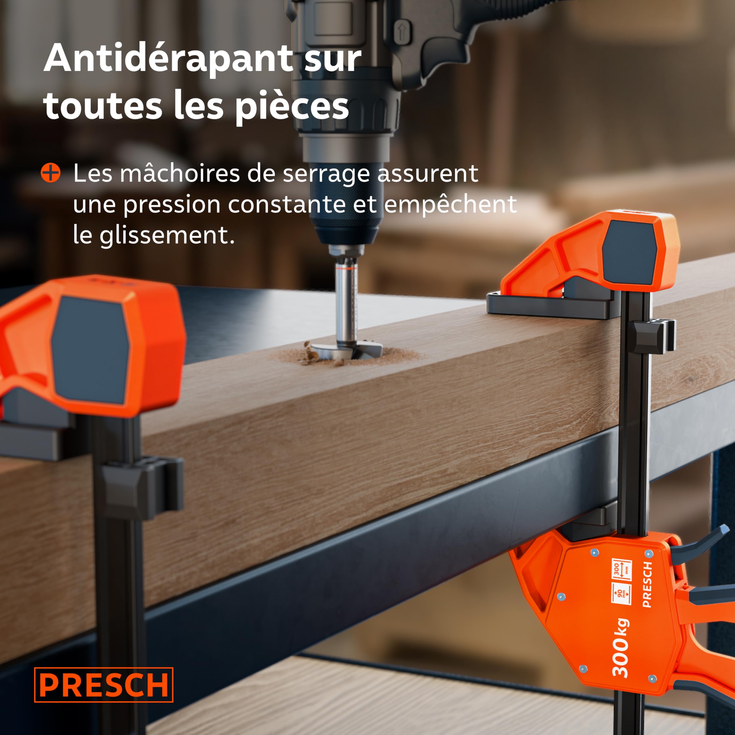 Presch Lot de Serre joints menuisier 300mm 600mm 4 pcs - Serre joints rapide force de serrage 300kg fonction d'écartement acier carbone fibre de verre