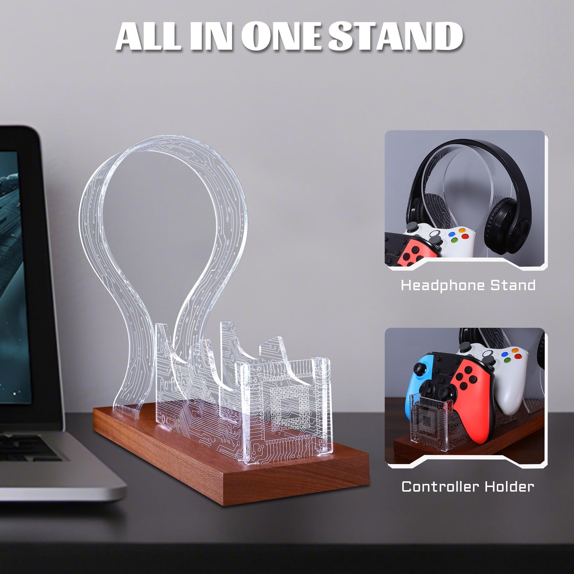 YuanDian Regali per ragazzi adolescenti, cuffie da gioco da scrivania e supporto per controller con luce notturna a LED blu rosa, supporto controller in legno acrilico con motivo PCB, regalo