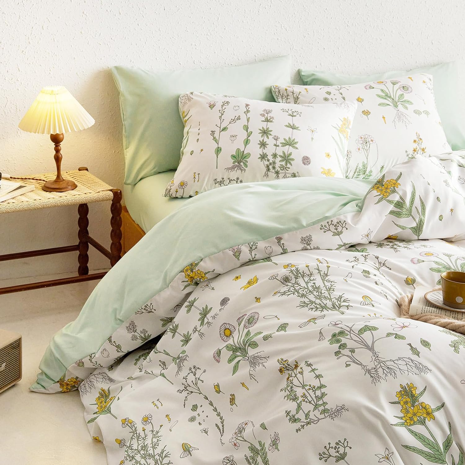 Set Biancheria Letto 3 Pezzi 155x220 Cm - Motivo Foglie E Fiori Verde/Bianco, Reversibile, Microfibra ÖkoTex - Foto 11