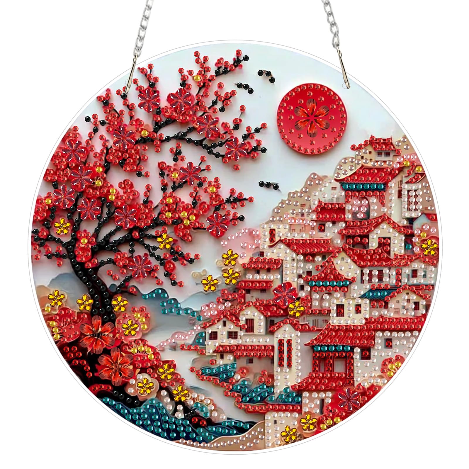 AIRDEA DIY Chinese Village Diamond Art Ornament Kit for Adults, Double-Sided Red Blossoms Diamond Painting Hanging Kit, DIY Acrylic Special Shaped Drills Hanging Suncatcher