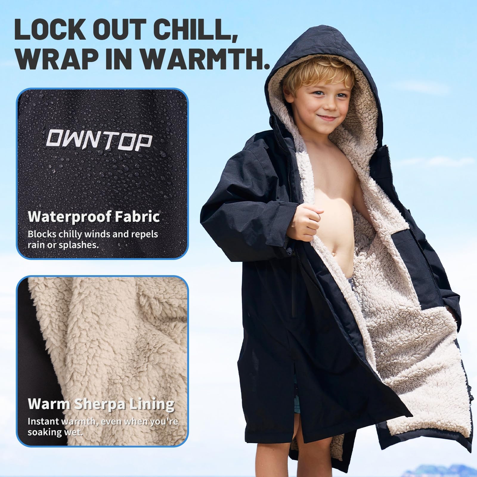 Owntop Bata cambiadora para Adultos y niños | Parka de natación Oversize | Impermeable y Resistente al Viento | Forro Polar Sherpa Interior, Bolsillos y Badge | para Surf, Playa, natación, Camping