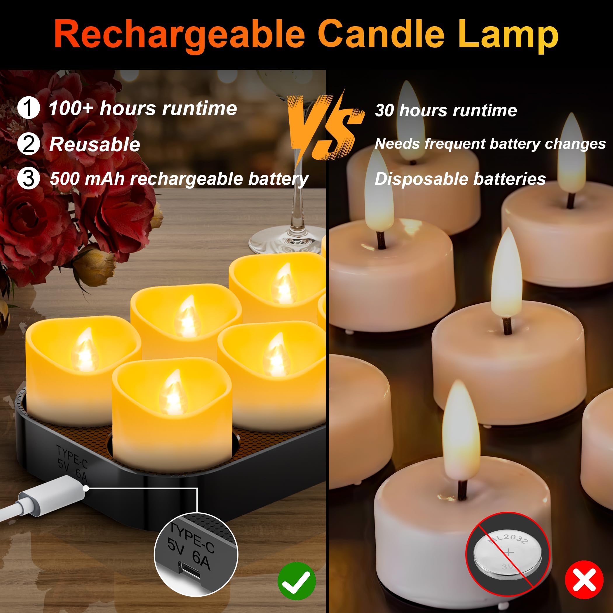 6 Candele Lumini LED Ricaricabili Con Stazione Di Ricarica E