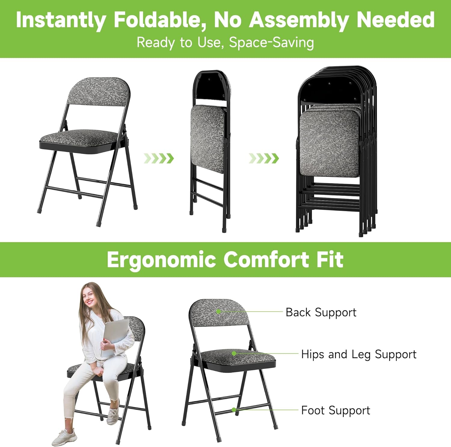 Real Relax 4 Pack Folding Chairs with Fabric Padded Cushion and Back, Comfortable Soft Fabric Cushion and Steel Frame Metal, Indoor Outdoor Seat for Office Events Wedding Party, 450LB(Fabric Gray)