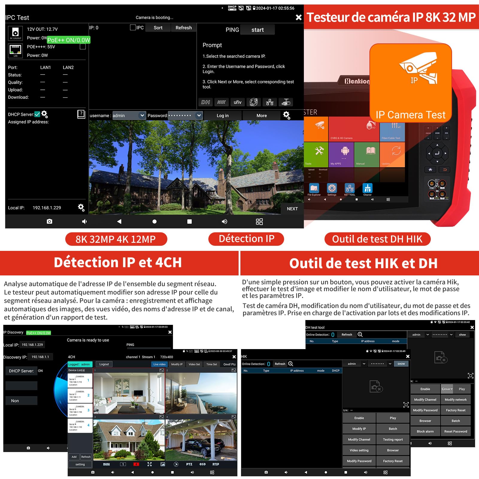 Henkion Testeur IPC CCTV H20-MOVTADHSEF 8K 32MP 12MP IP Caméra Test POE++ Max 90W HD Testeur de caméra 8MP TVI/CVI/AHD/SDI/CVBS DMM TDR WiFi Outils de réseau RJ45 Testeur de câble 2CH SFP Port HD VGA