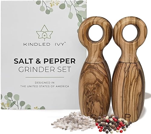 Kindled Ivy Juego de molinillo de pimienta de madera y molinillo de sal, hermosa madera natural, molinillos de cerámica ajustables y que no