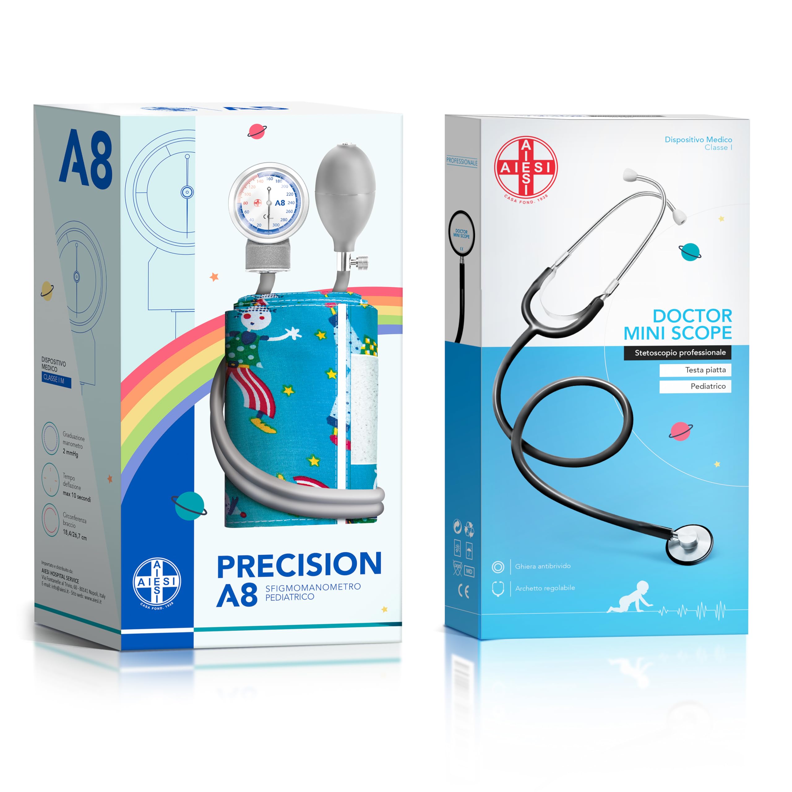 AIESI® Esfigmomanometro Manual Pediatrico profesional aneroide tensiómetro clásico con estetoscopio plano y con brazalete de colores para ninos PRECISION A8, Garantía 24 meses