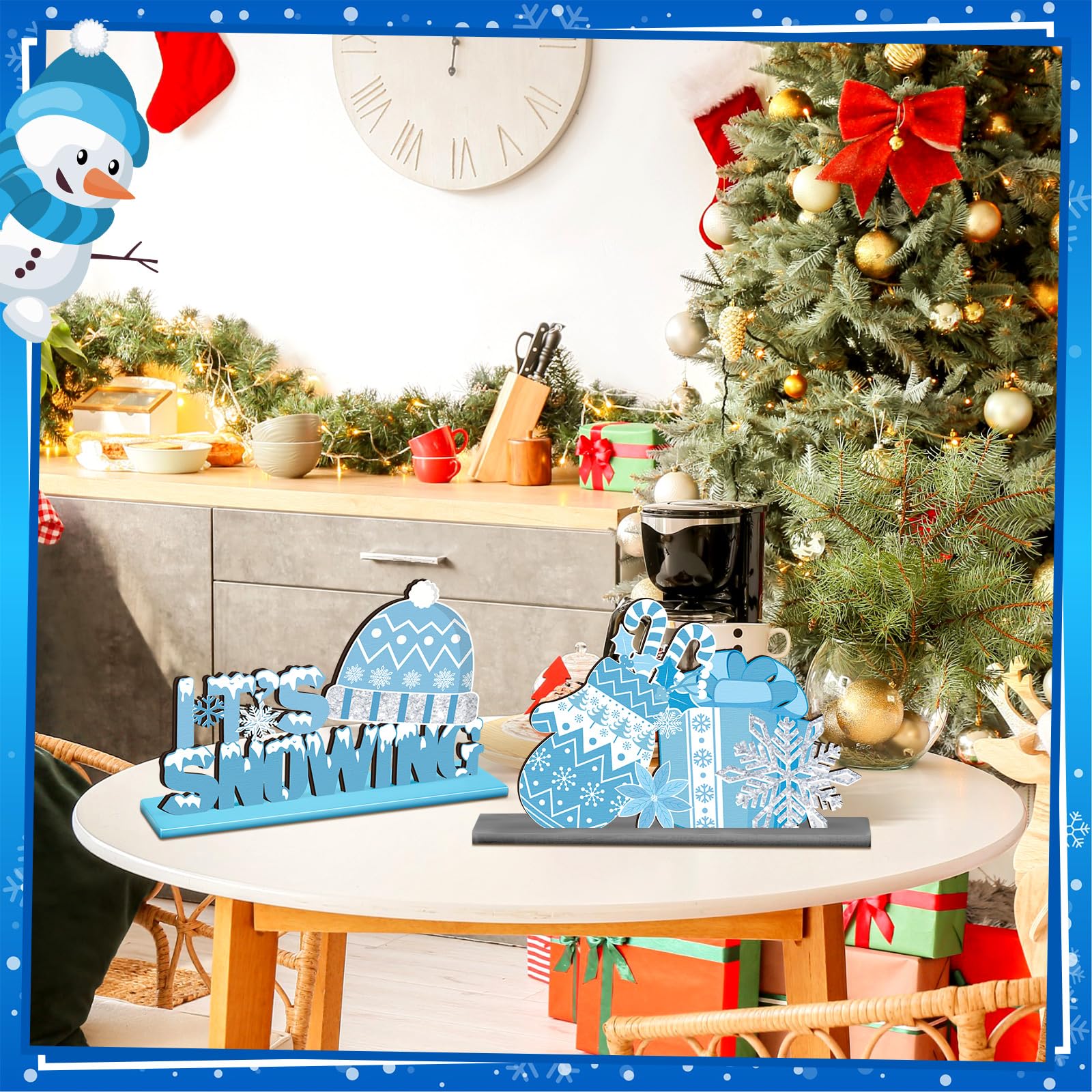 Wonderjune 6 piezas de decoración de mesa de invierno, copo de nieve, muñeco de nieve, centros de mesa de madera, decoraciones del país de las maravillas para fiestas de congelado, invierno, temática
